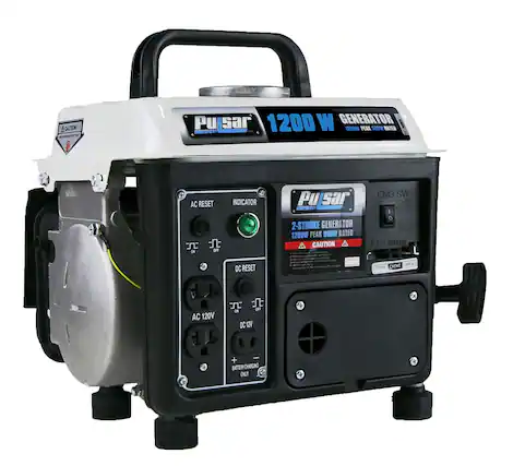 **Pulsar 1200W Generator**
**1200W Peak 900W Rated**
**2-Stroke Generator**
**AC Reset Indicator**
**DC Reset**
**AC 120V**
**DC 12V**
**Battery Charging Only**
**Eng SW**
**On**
**Stop**
**Choke**
**Open**
**Caution:**
- Do not operate indoors.
- Keep away from children.
- Do not touch moving parts.
- Do not spill fuel or oil.
- Do not overload.
- Do not use with flammable liquids.
- Do not use with electrical appliances that require a ground connection.