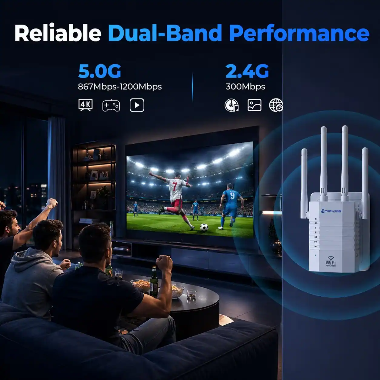 Reliable Dual-Band Performance

5.0G 867Mbps-1200Mbps

2.4G 300Mbps

4K

TPVISION

WiFi REPEATER