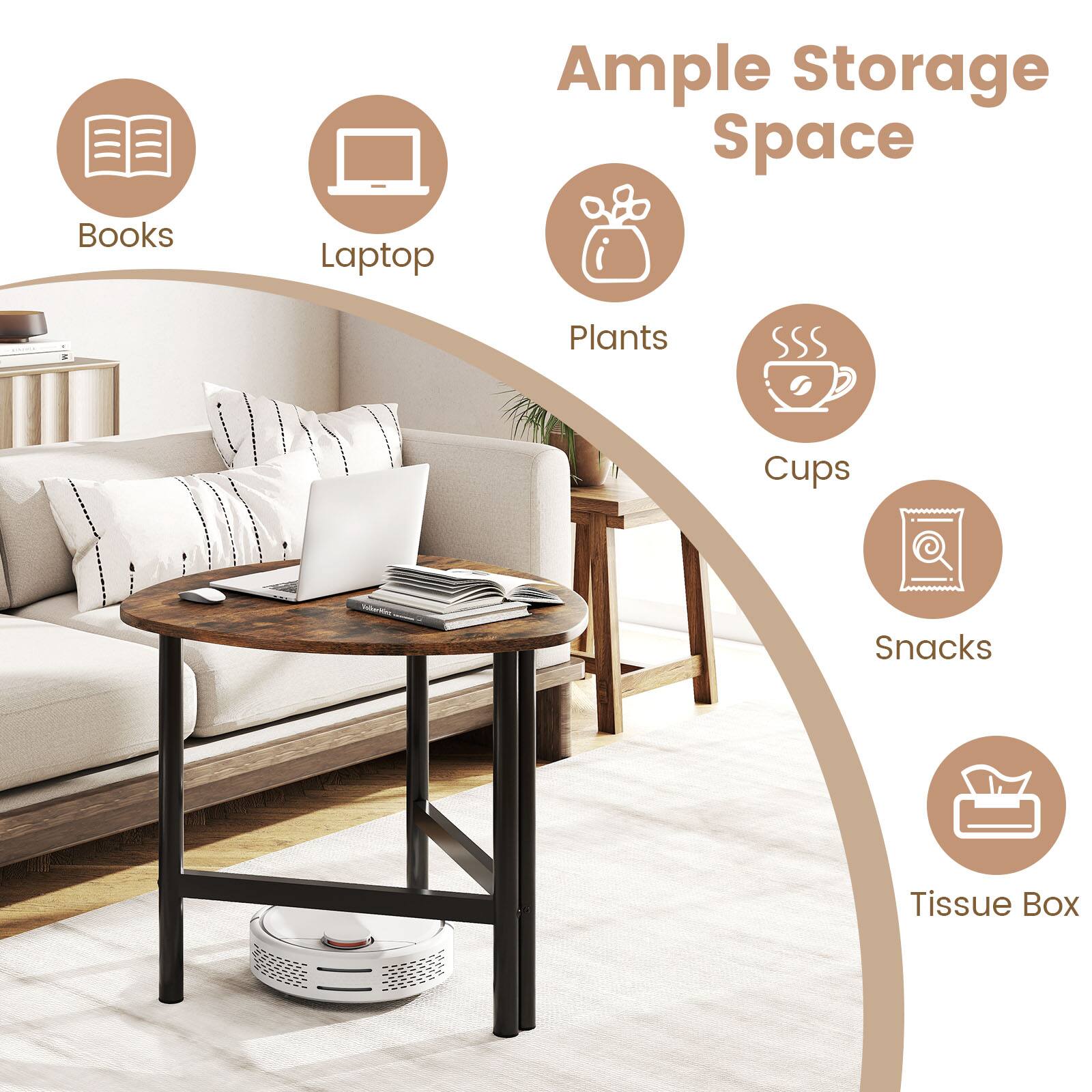 Books, Laptop, Ample Storage Space, Plants, Cups, Snacks, Tissue Box