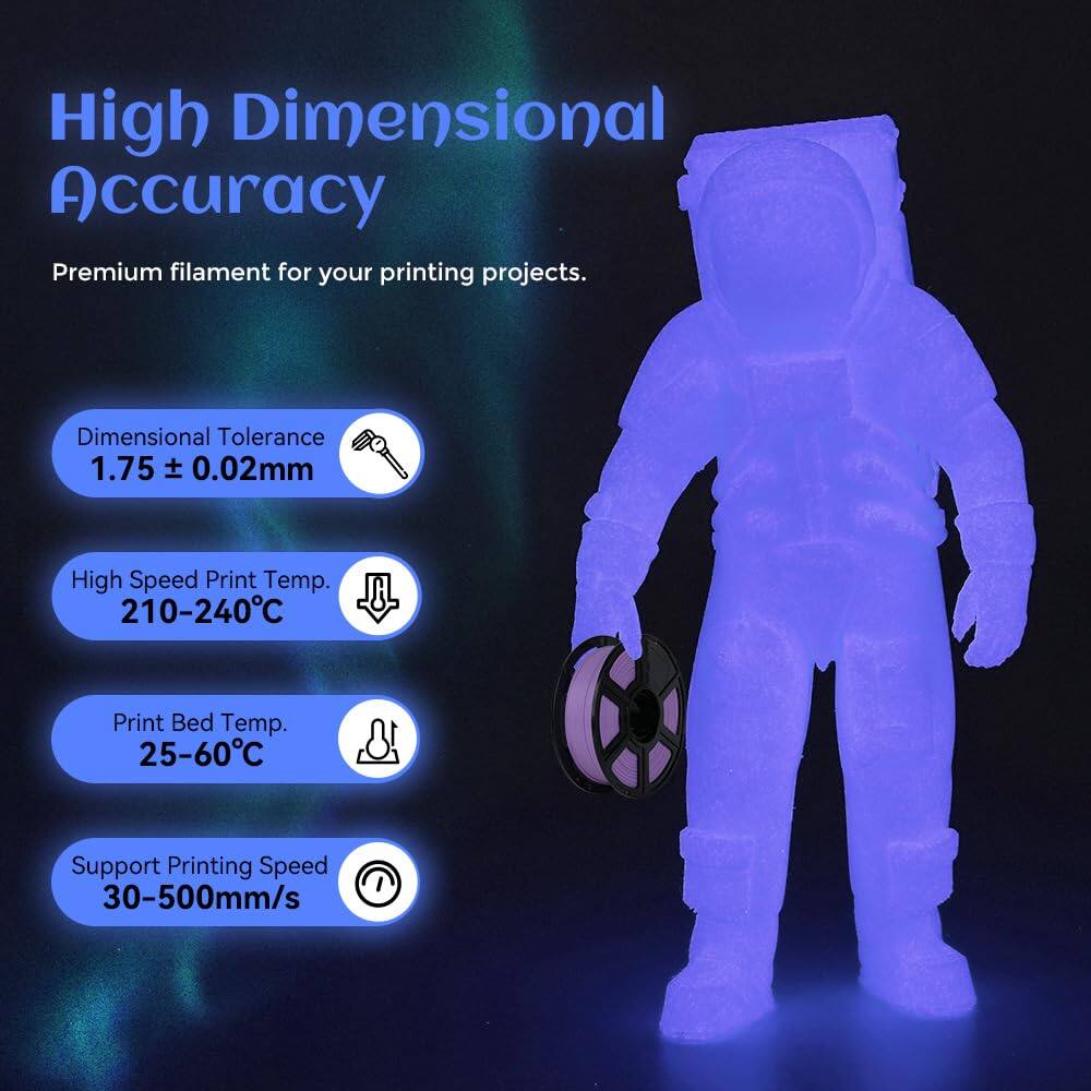 High Dimensional Accuracy  
Premium filament for your printing projects.  

Dimensional Tolerance: 1.75 ± 0.02mm  
High Speed Print Temp.: 210-240°C  
Print Bed Temp.: 25-60°C  
Support Printing Speed: 30-500mm/s