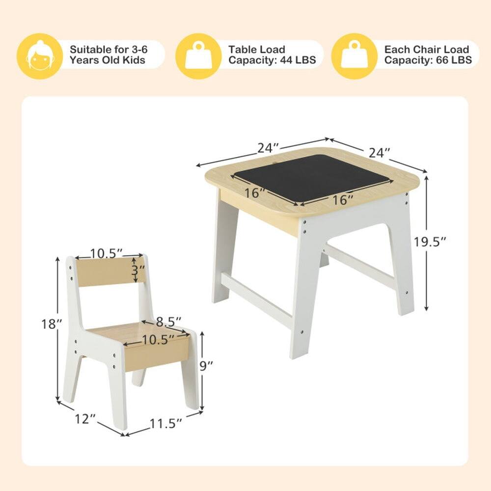 Suitable for 3-6 Years Old Kids  
Table Load Capacity: 44 LBS  
Each Chair Load Capacity: 66 LBS  

Table Dimensions:  
- Length: 24"  
- Width: 24"  
- Height: 19.5"  

Chair Dimensions:  
- Seat Height: 10.5"  
- Seat Depth: 10.5"  
- Back Height: 18"  
- Back Width: 8.5"  
- Overall Height: 12"  
- Overall Width: 11.5"