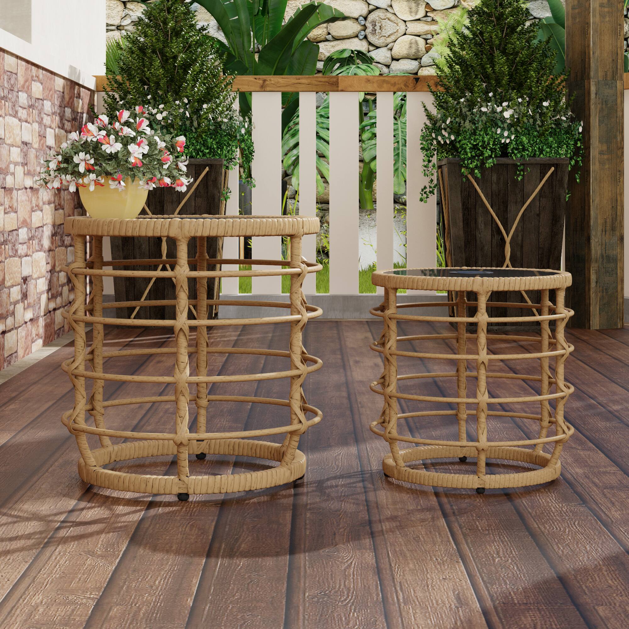 Alt View 9. FUFU&GAGA - Outdoor Rattan Solar Coffee Table Set with Glass Top and LED Light for Patio, Balcony, or Garden - Black & Wooden.