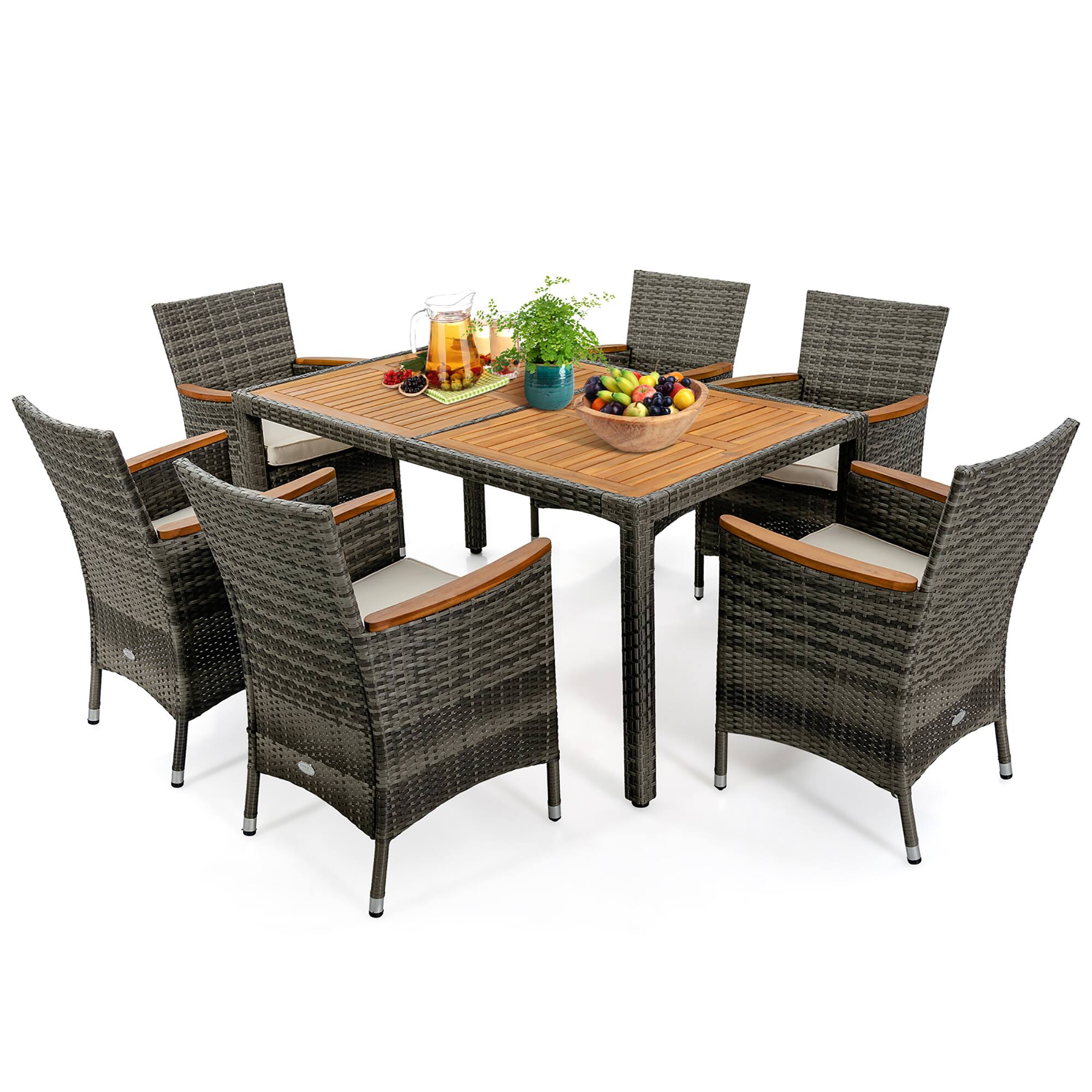 Alt View 1. Gymax - Gymax 7PCS Outdoor Dining Set Patio Acacia Wood and Rattan Furniture Set w/ Cushions - Gray, Natural.