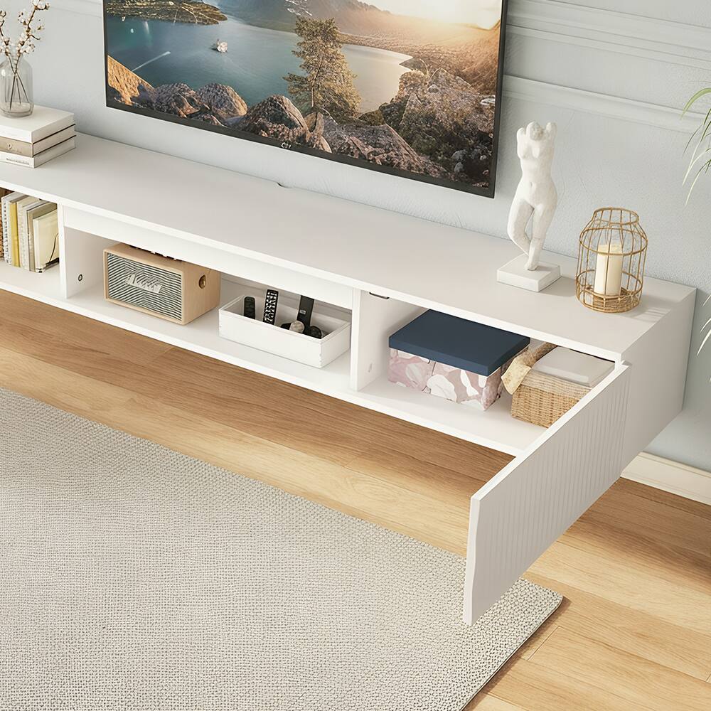 Alt View 6. Spaco - 63" Floating TV Stand Wall Mounted with LED Lights, Cable Organizer,Entertainment Center Media Console for 55 60 65" TVs - Ancient White.