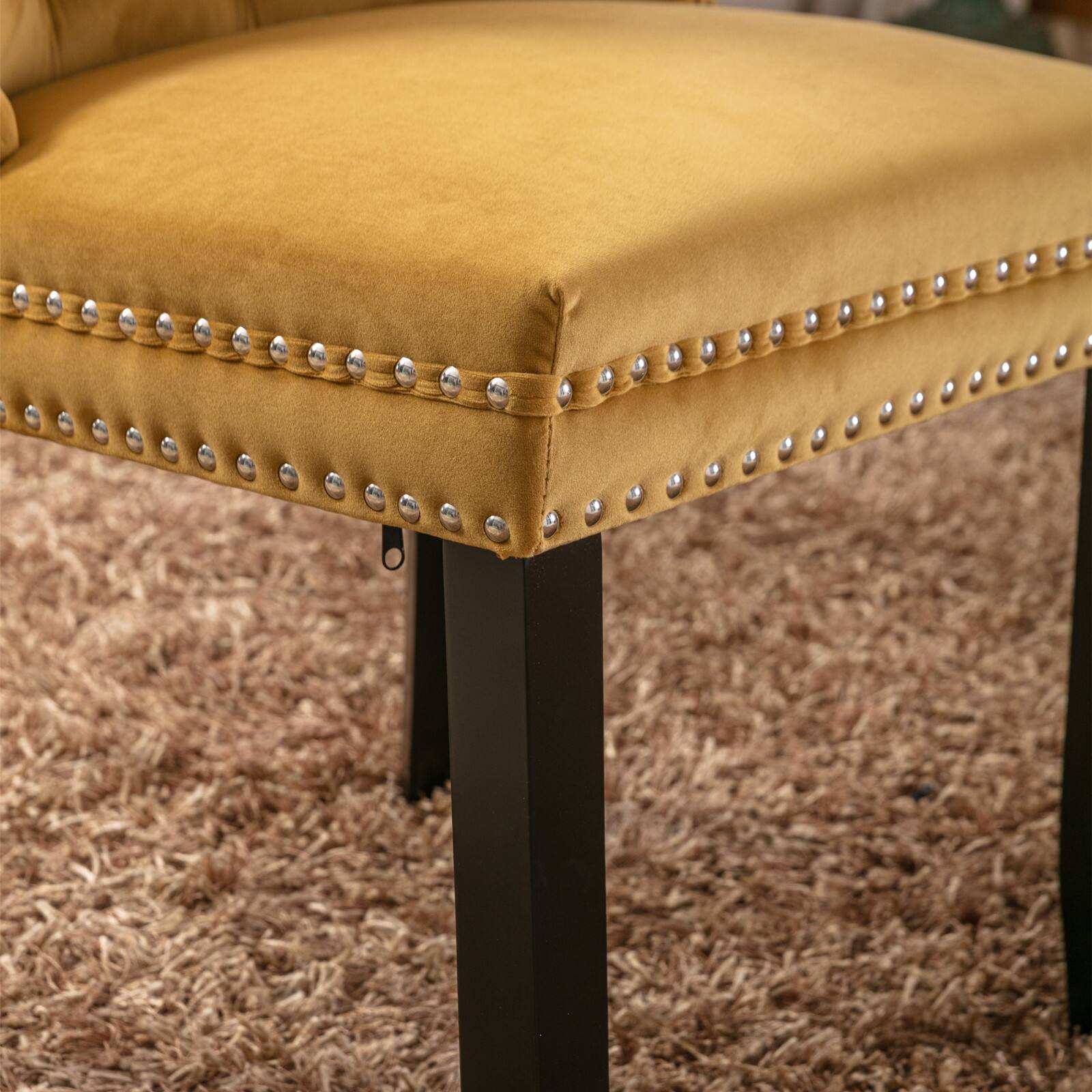Alt View 2. Z-Edge - Velvet Dining Chairs Set of 2, Upholstered High-end Tufted Dining Room Chair with Nailhead Back Ring Pull Trim Wood Legs - Gold.