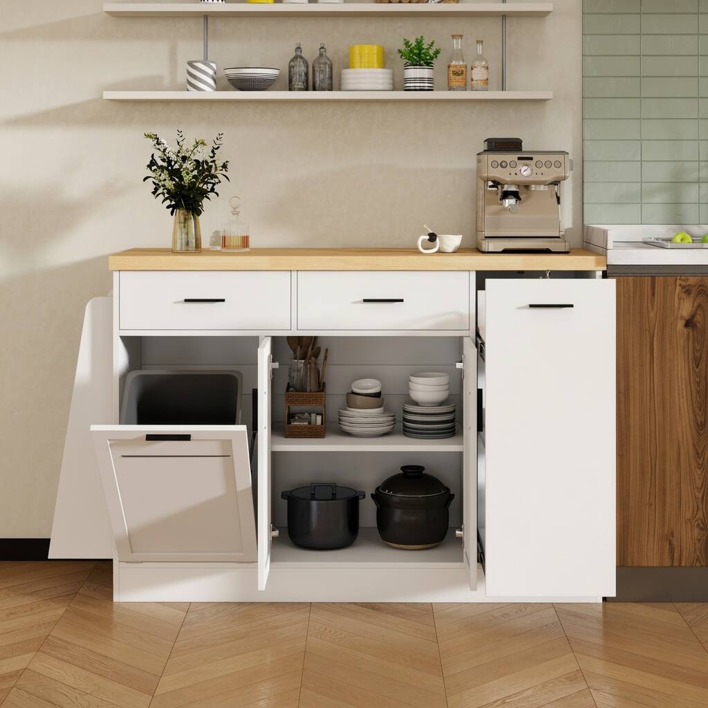 Left. Forest'nSky - 5-in-1 Kitchen Island Cart with Storage Cabinet, Trash Holder & Spice Rack, White - White.