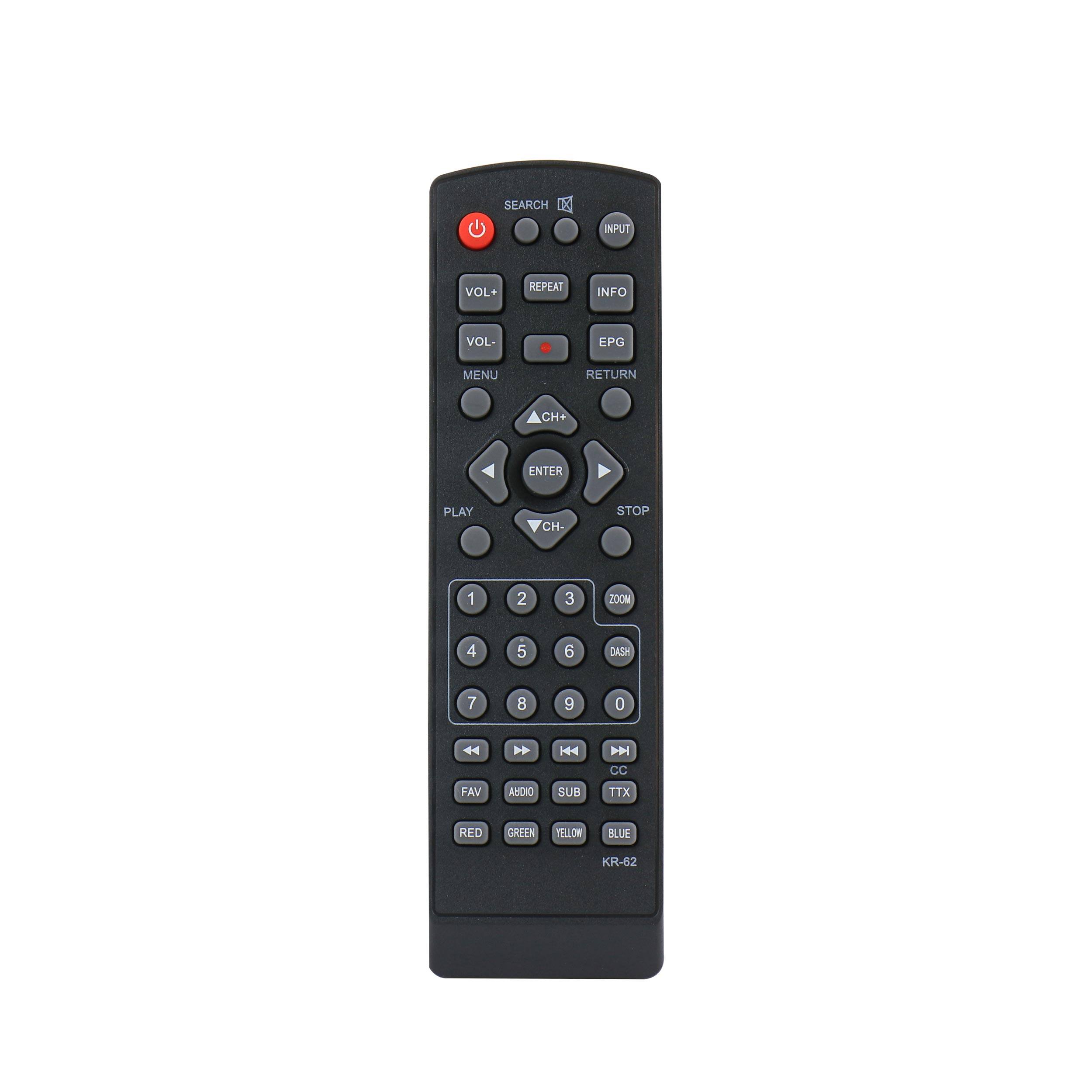 SEARCH INPUT VOL+ REPEAT INFO VOL- EPG MENU RETURN CH# ENTER PLAY CH. STOP 1 2 3 ZOOM 4 5 6 DASH 7 8 9 0 4 4 H | CC FAV AUDIO SUB TTX RED GREEN BLUE KR-62