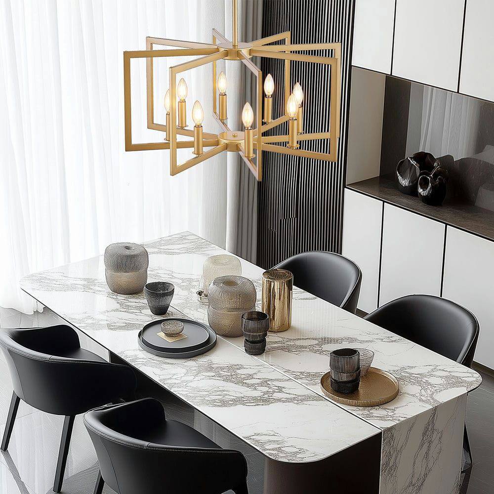 Alt View 4. Kadyn - 27" Modern Black Geometric 8-Light Chandelier – Industrial Metal Pendant Light Fixture, Gold - Gold.