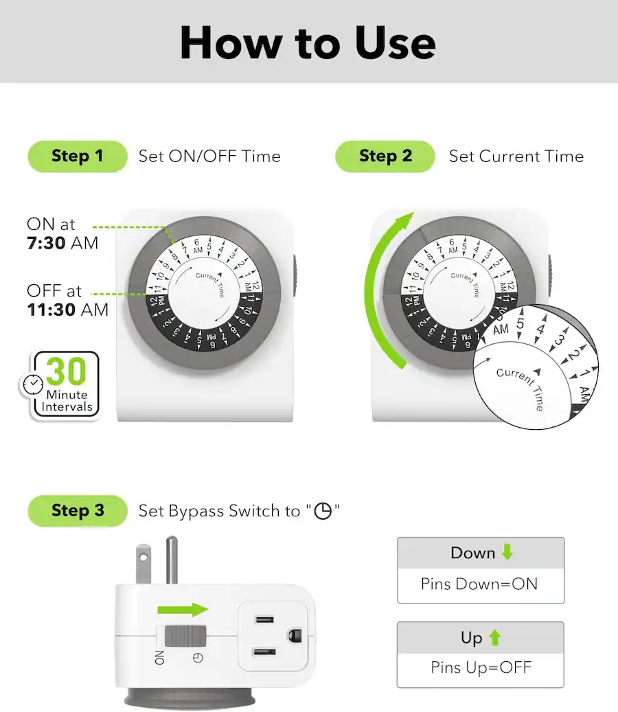BN LINK Outlet Timer, 2 Grounded Outlets, 24 Hour Mechanical Timer for ...