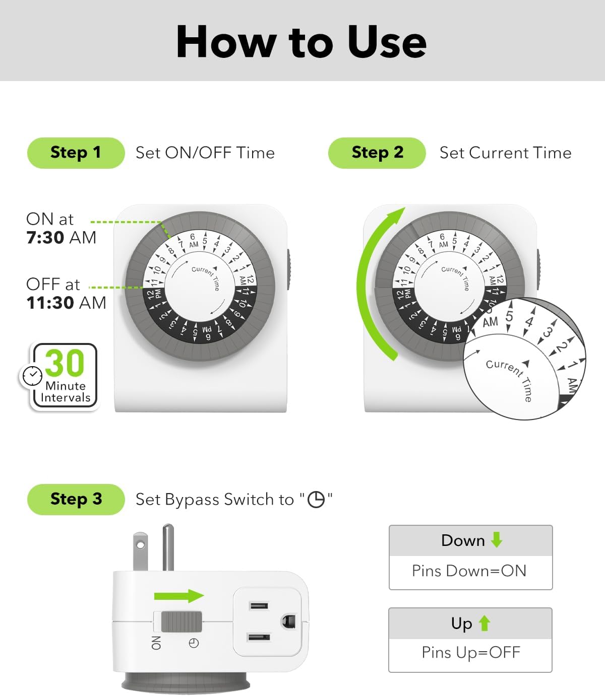 How to Use

Step 1: Set ON/OFF Time
- ON at 7:30 AM
- OFF at 11:30 AM
- 30 Minute Intervals

Step 2: Set Current Time

Step 3: Set Bypass Switch to *
- Down: Pins Down=ON
- Up: Pins Up=OFF