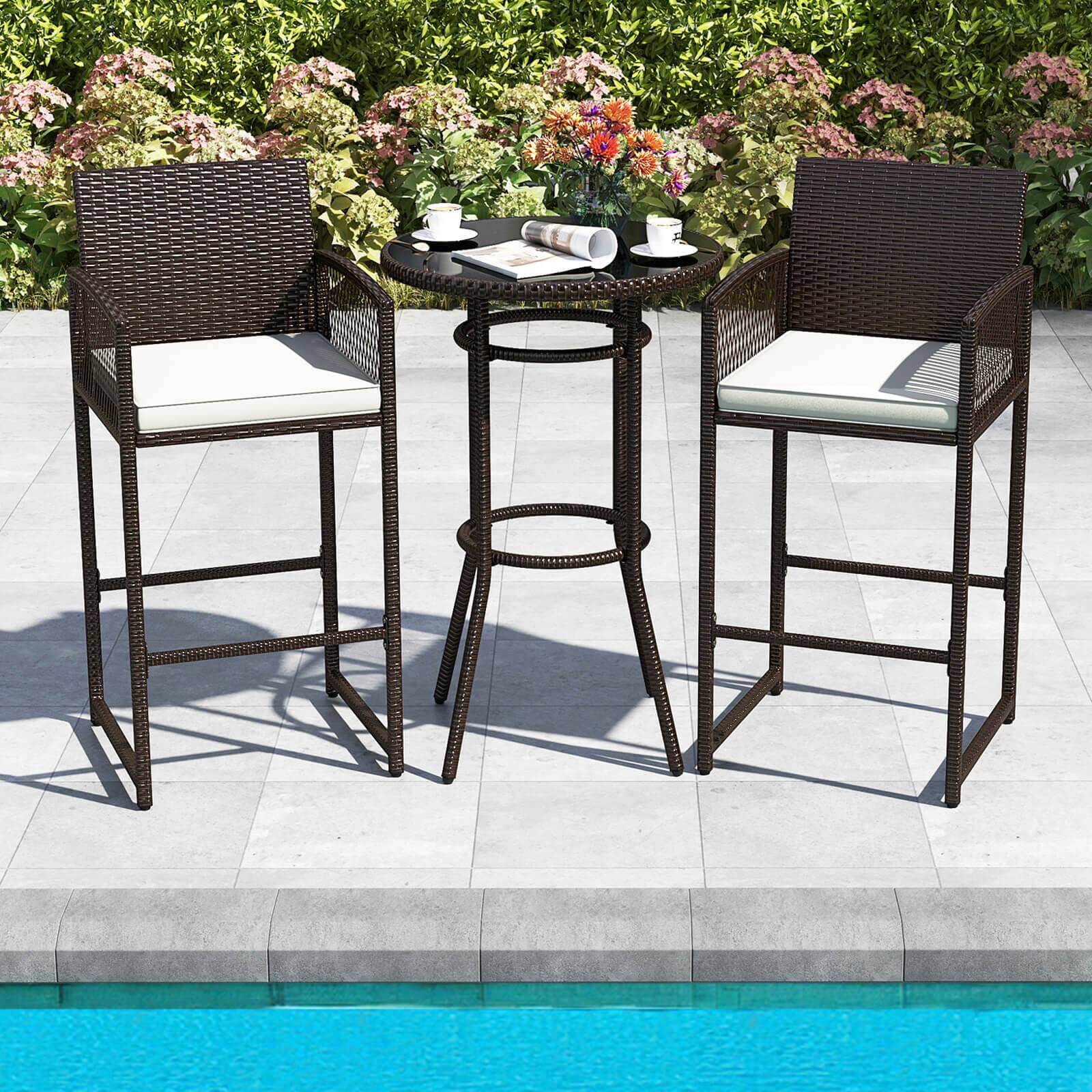 Alt View 4. Costway - Costway 3 Piece Wicker Patio Bar Set with 2 Seat Cushions Glass Tabletop for Backyard - Mix Brown,Off White.