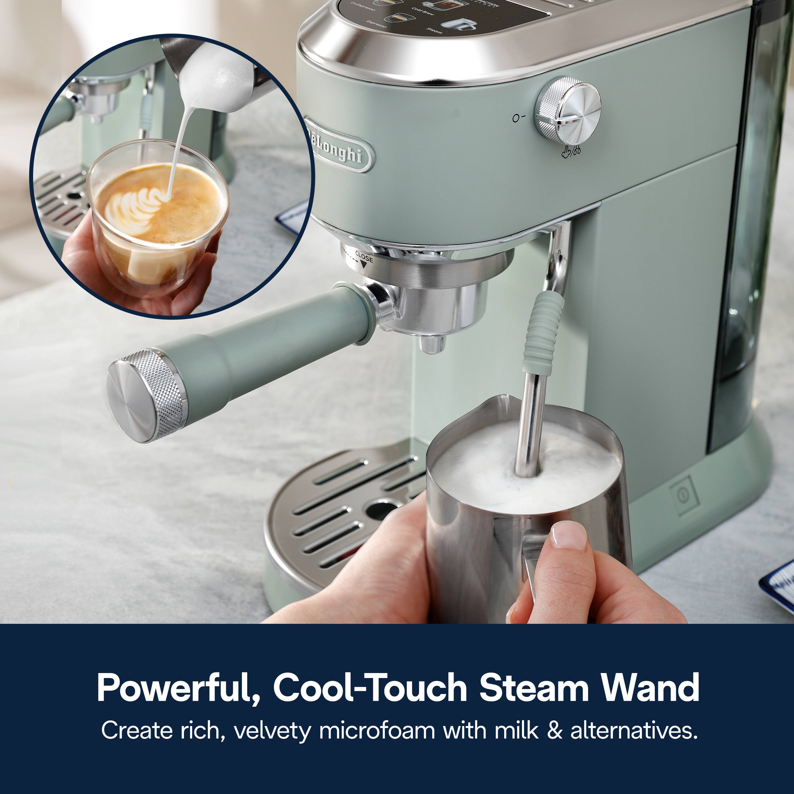 The text on the image can be grouped and corrected as follows:

"Powerful, Cool-Touch Steam Wand: Create rich, velvety microfoam with milk & alternatives."

This text highlights the features of the steam wand on the espresso machine, emphasizing its power and cool-touch design, which allows for the creation of rich, velvety microfoam using milk or milk alternatives.