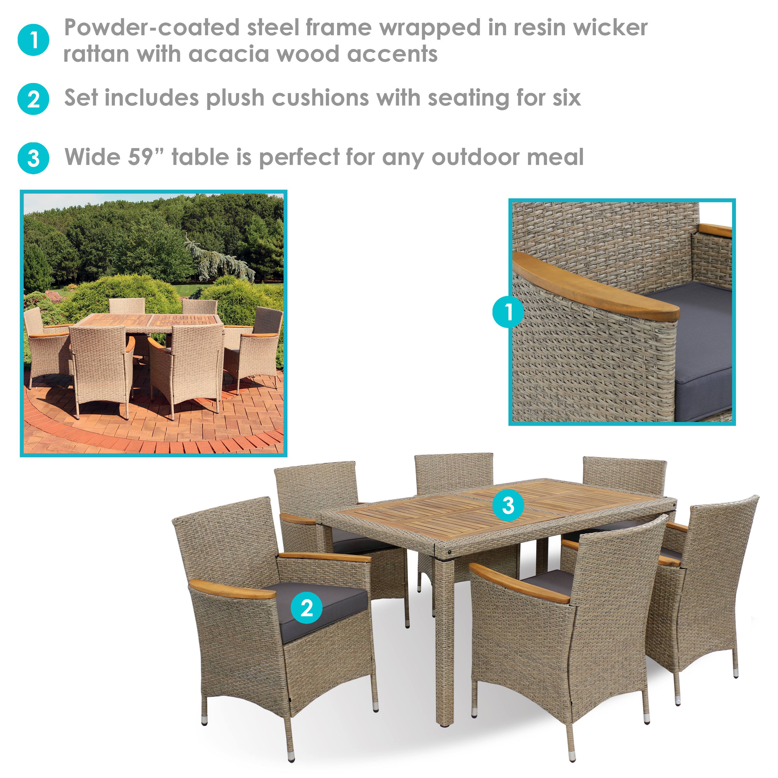 1. Powder-coated steel frame wrapped in resin wicker rattan with acacia wood accents
2. Set includes plush cushions with seating for six
3. Wide 59" table is perfect for any outdoor meal