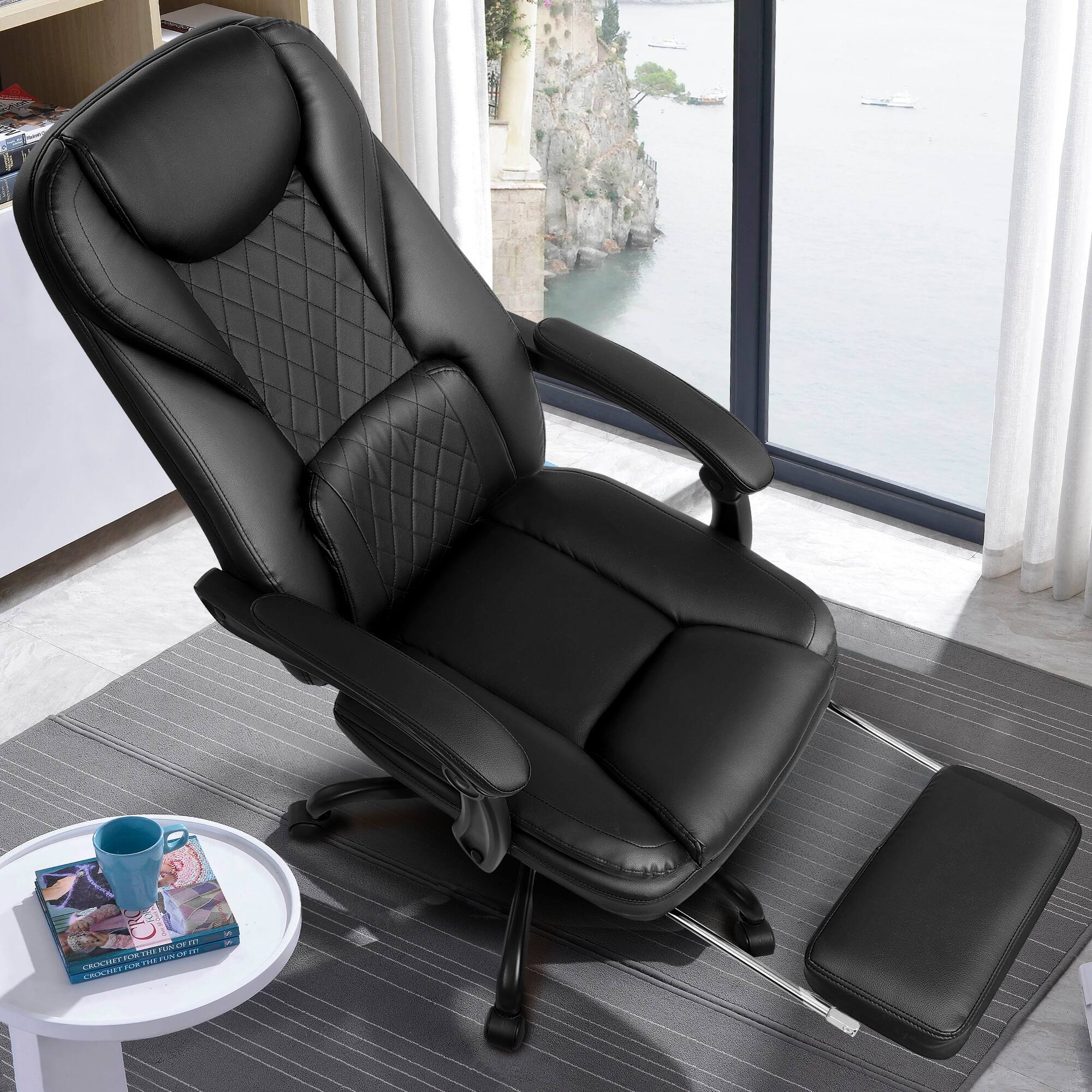 KERDOM - High Back Executive Leather Office Chair with Footrest, Swivel Ergonomic Reclining Computer Chair with Padded Armrests - Black