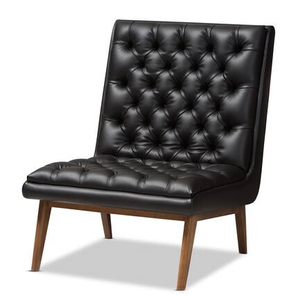 Front. Baxton Studio - Annetha Mid-Century Modern Faux Leather Upholstered Walnut Finished Wood Lounge Chair - Black.