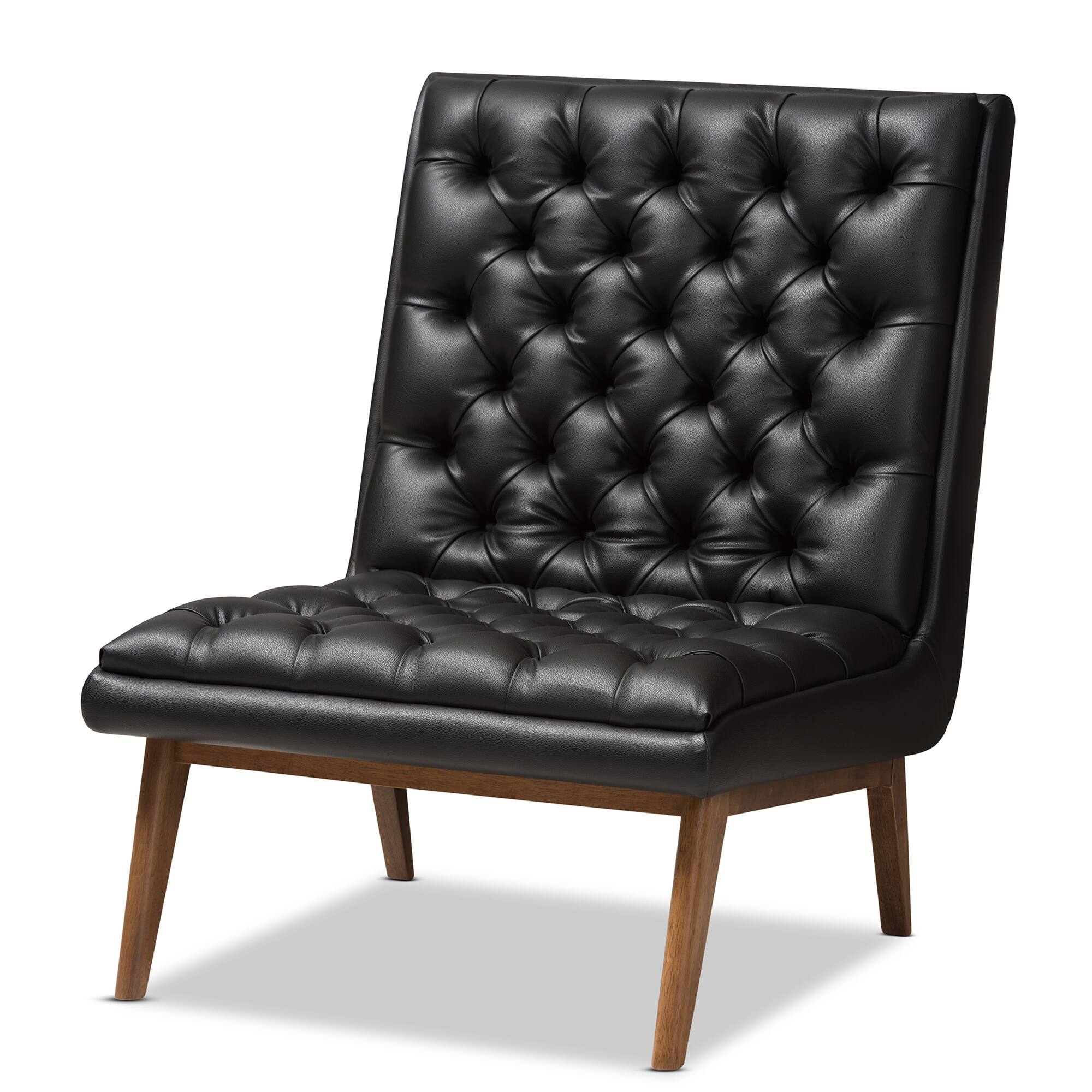 Front. Baxton Studio - Annetha Mid-Century Modern Faux Leather Upholstered Walnut Finished Wood Lounge Chair - Black.