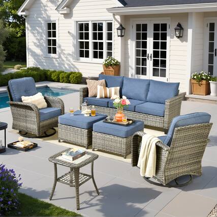 Front. Ovios - 6 PCS Patio Furniture Set, 3 Seat Cushioned Sofa, Swivel Chairs with Ottoman & Side Table - Denim Blue.
