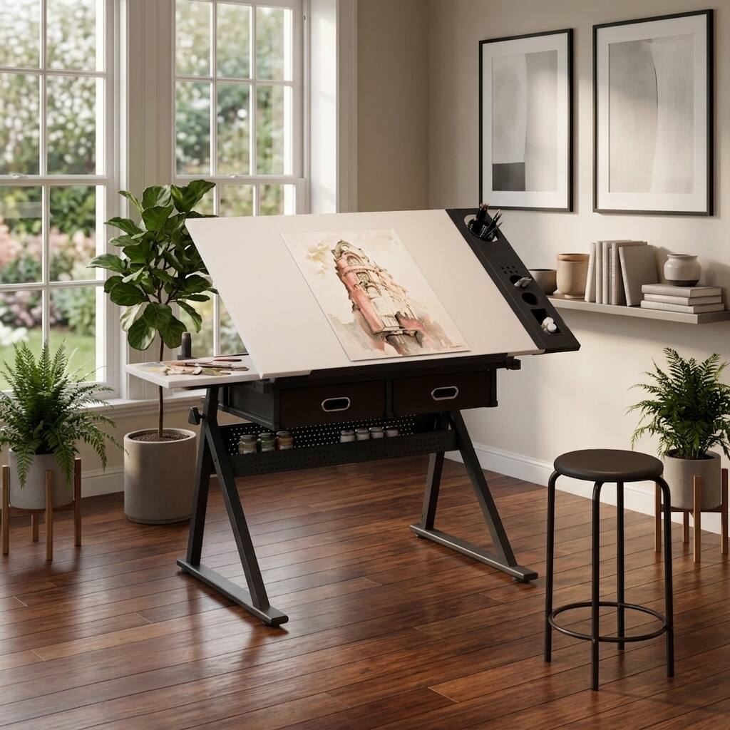 Angle. Bestier - Adjustable Drafting Table Art Desk with Tilting Tabletop, Storage Drawers & Stool, Drawing Desk for Crafting, Writing - White.