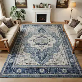 RYHNUYNE - 9x12 Area Rugs Living Room Rug, Washable Vintage Medallion Rug, Soft Carpet for Dining Room Bedroom Home Office - Blue