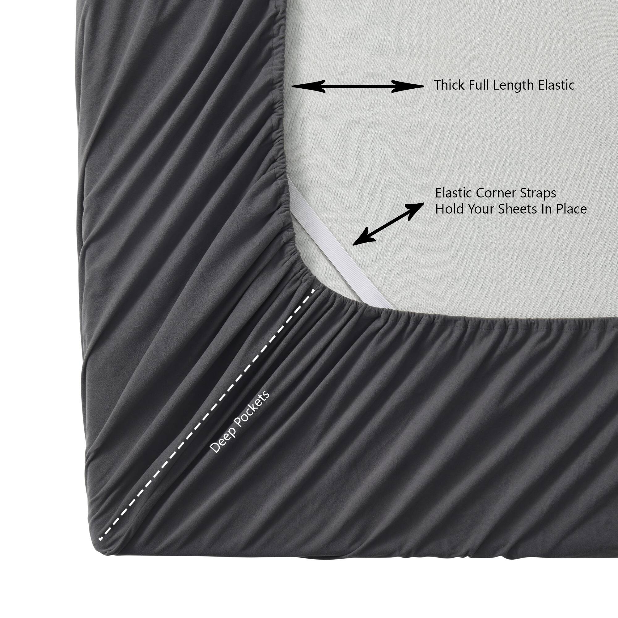 - Thick Full Length Elastic
- Elastic Corner Straps Hold Your Sheets In Place
- Deep Pockets