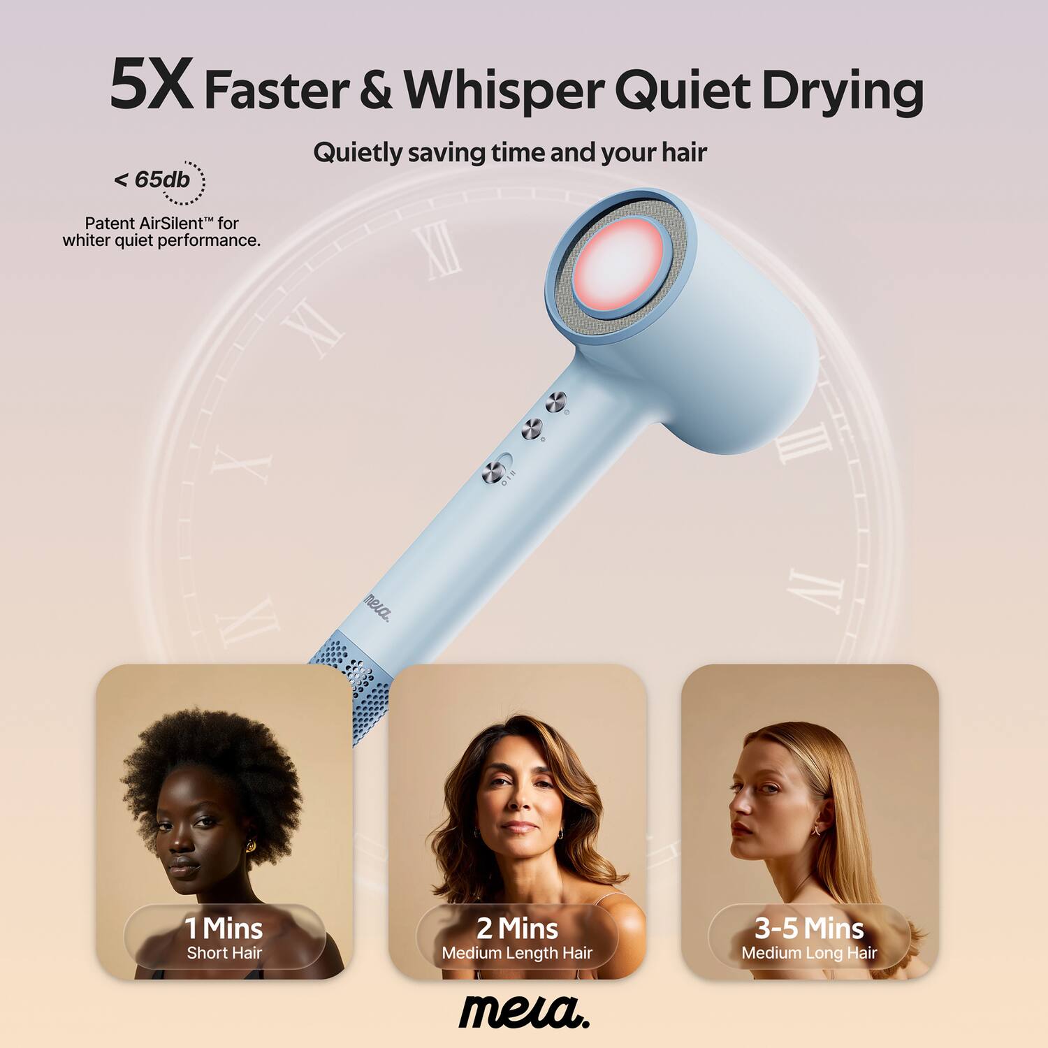 5X Faster & Whisper Quiet Drying  
Quietly saving time and your hair  
< 65db  
Patent AirSilent™ for whiter quiet performance.  

1 Min  
Short Hair  

2 Mins  
Medium Length Hair  

3-5 Mins  
Medium Long Hair  

meia.