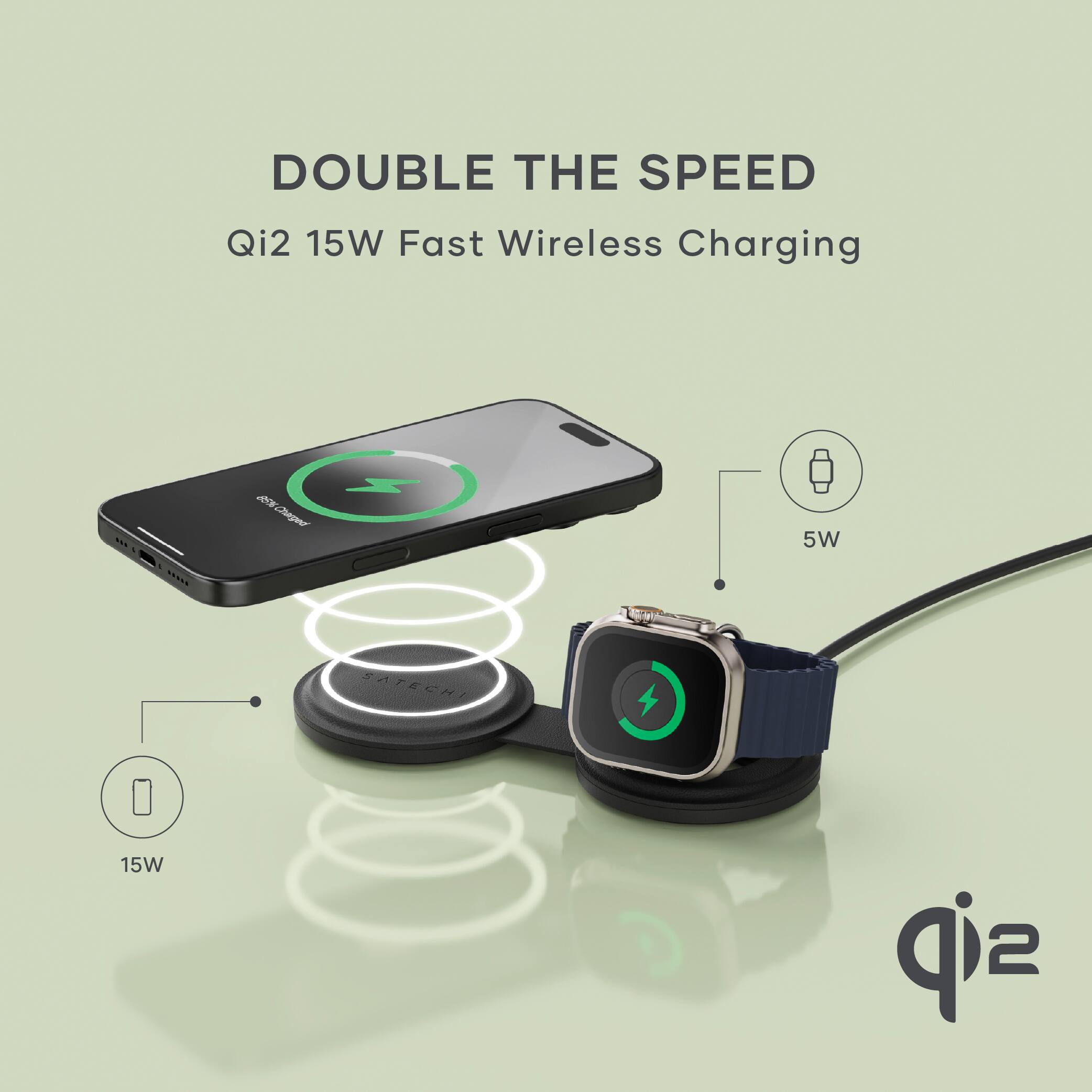 DOUBLE THE SPEED  
Qi2 15W Fast Wireless Charging  

15W  
5W  

Qi2