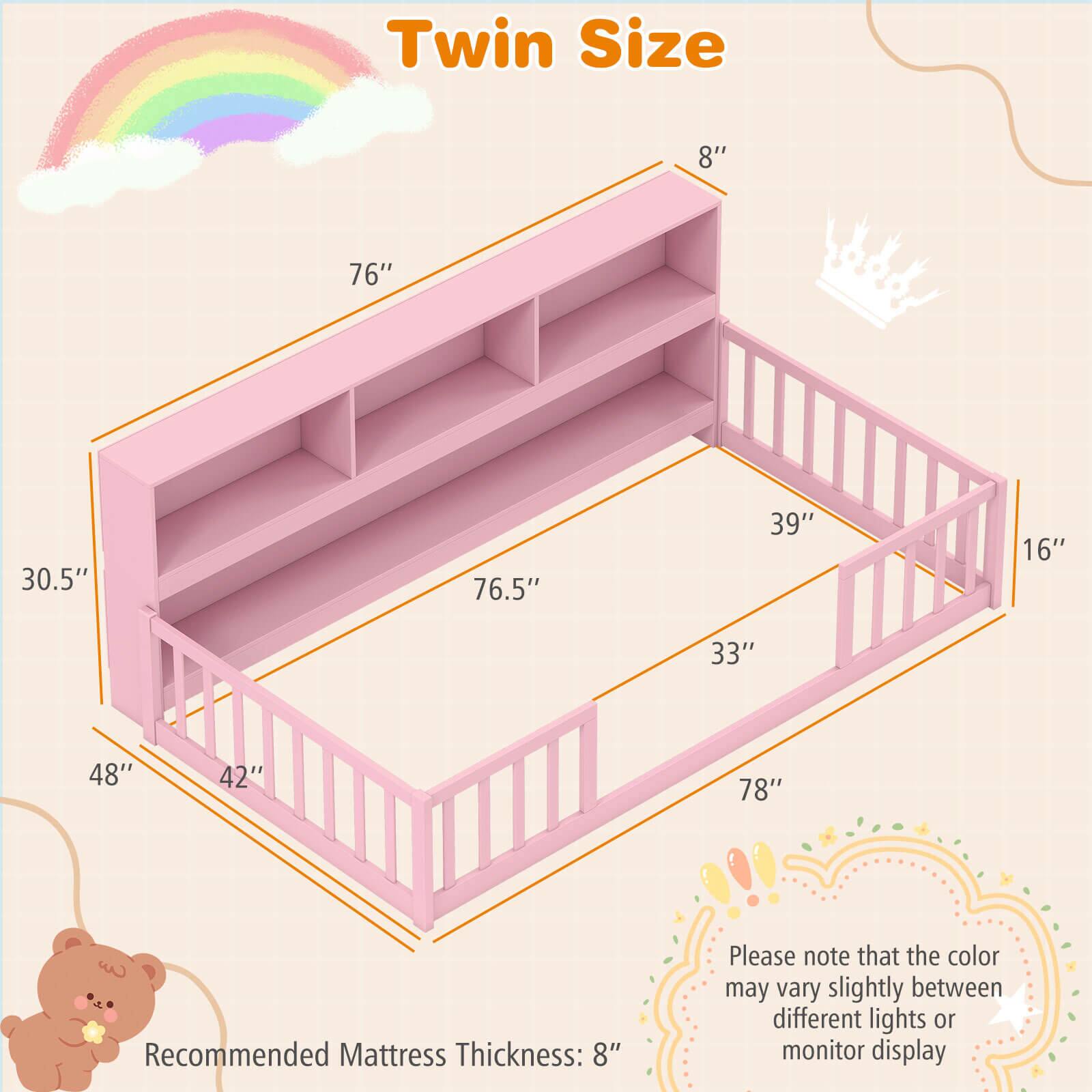 Alt View 2. Costway - Costway Twin Size Montessori Floor Bed with Bookcase Storage Shelves & Safety Fence Rails - Pink.