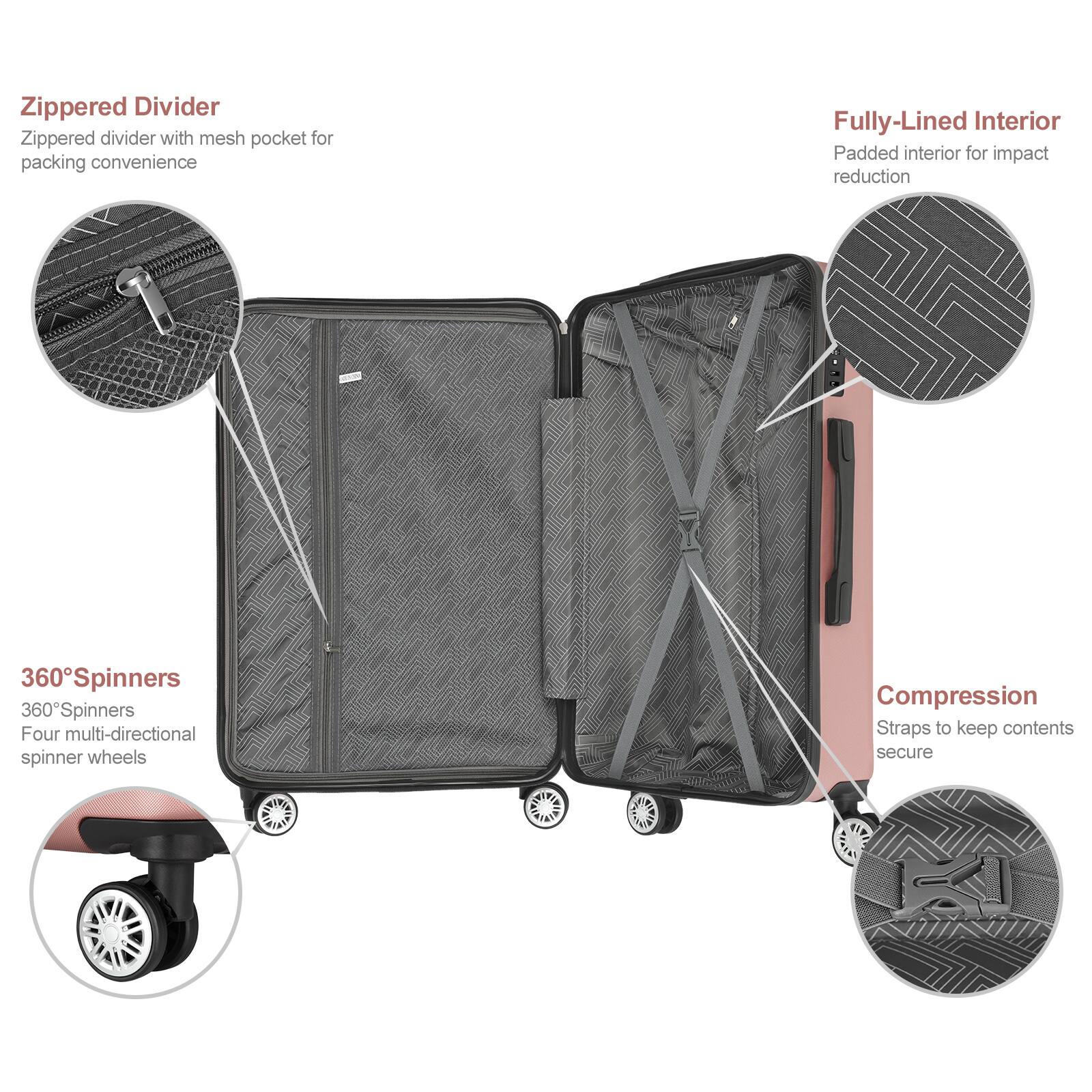 - Zippered Divider: Zippered divider with mesh pocket for packing convenience
- Fully-Lined Interior: Padded interior for impact reduction
- 360° Spinners: Four multi-directional spinner wheels
- Compression: Straps to keep contents secure