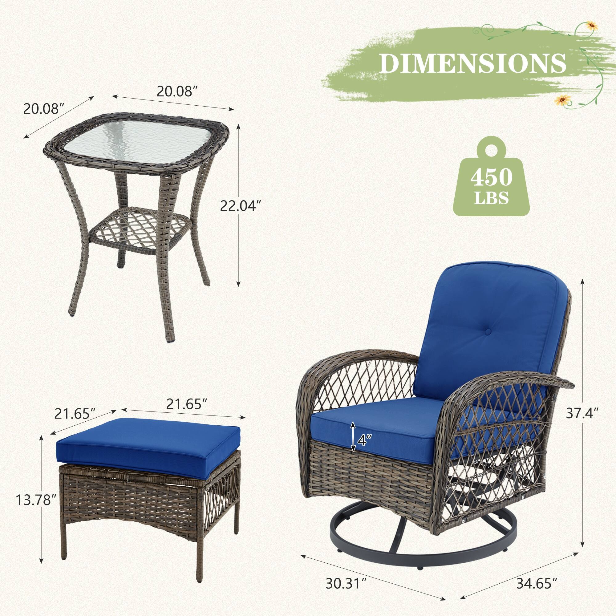 - Table: 20.08" x 20.08" x 22.04"
- Cushion: 21.65" x 21.65" x 13.78"
- Chair: 37.4" x 30.31" x 34.65" (seat height 4")
- Weight Capacity: 450 LBS