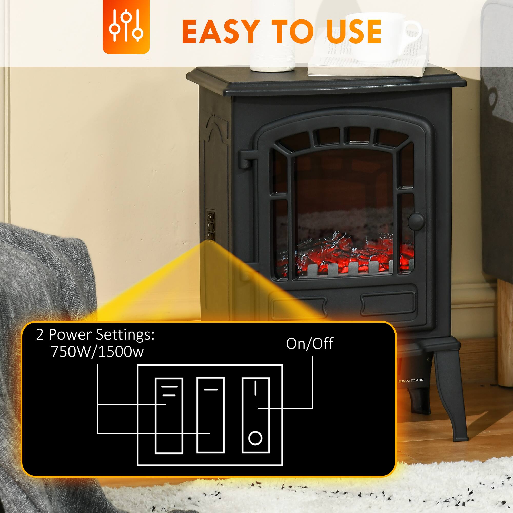 EASY TO USE

2 Power Settings: 750W/1500W

On/Off