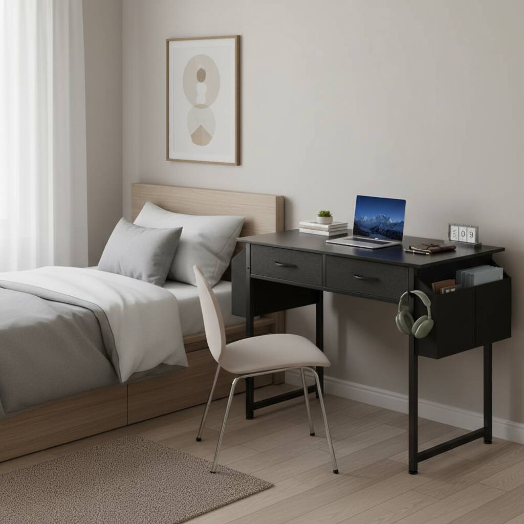 Alt View 2. AOITUN - Small Black Desk with 2 Fabric Drawers, Side Pocket & Hook, Compact Writing Table for Bedroom & Home Office - Black.