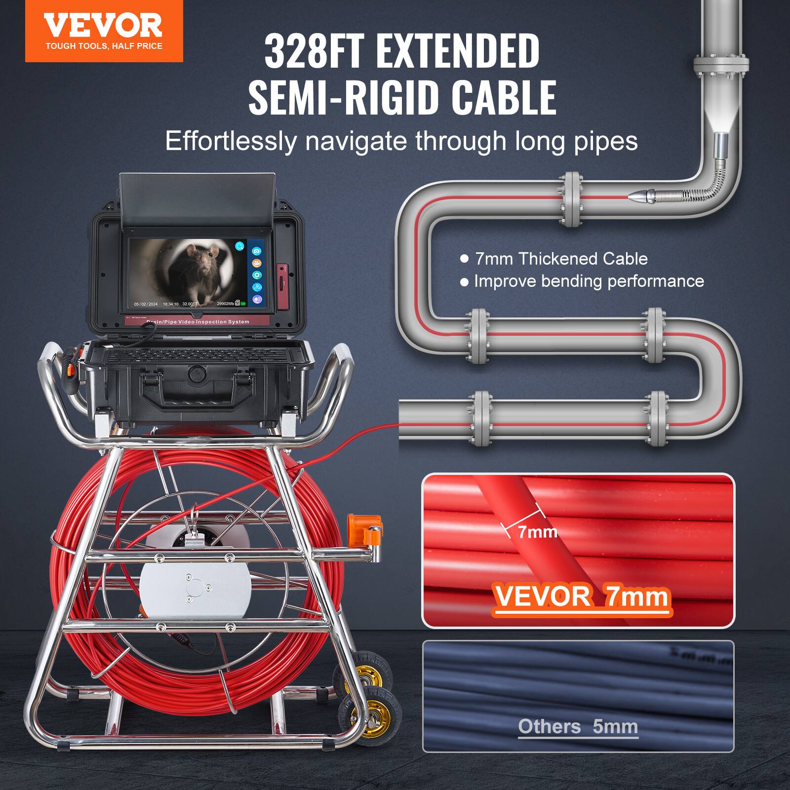 VEVOR TOUGH TOOLS, HALF PRICE

328FT EXTENDED SEMI-RIGID CABLE

Effortlessly navigate through long pipes

7mm Thickened Cable
Improve bending performance

VEVOR 7mm
Others 5mm