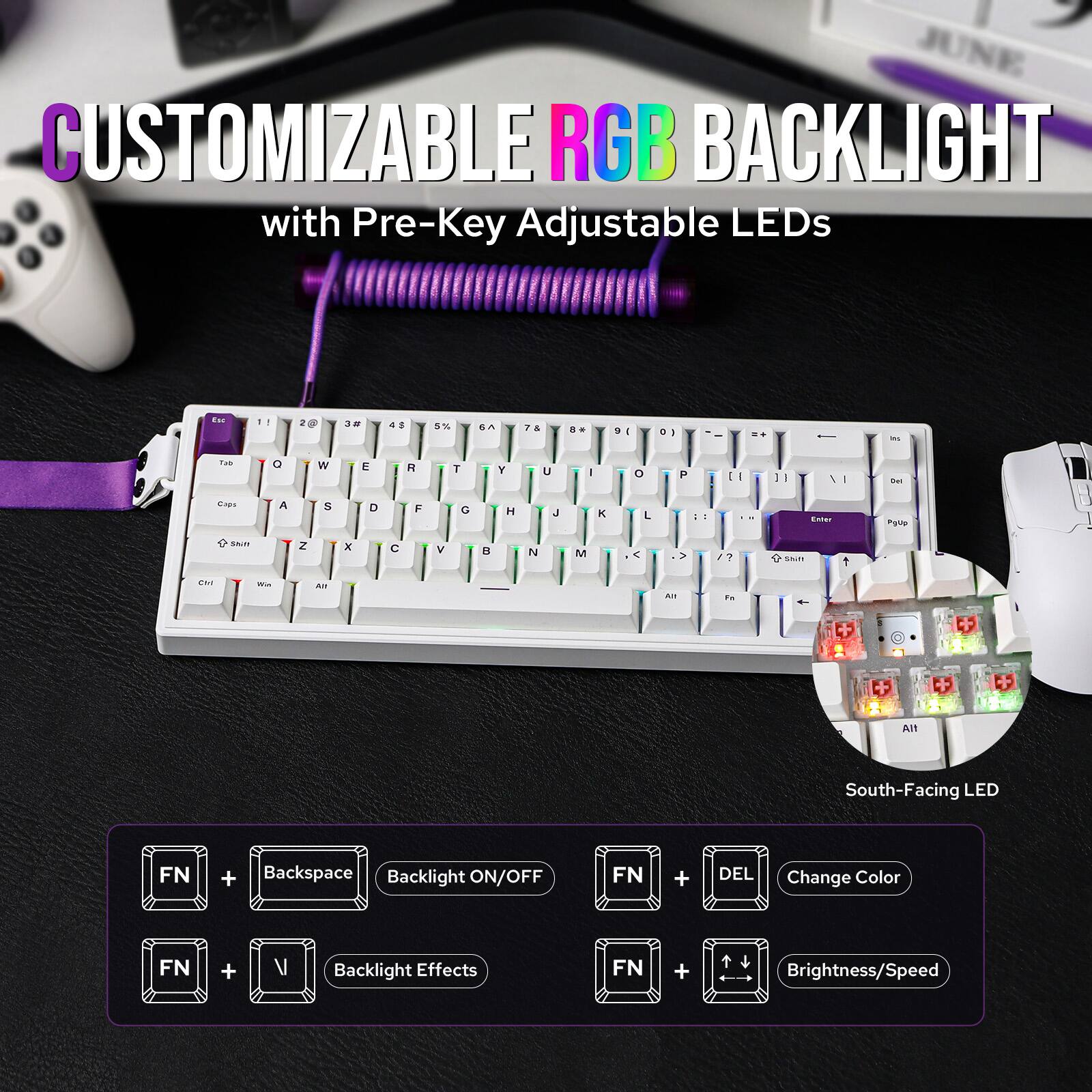 CUSTOMIZABLE RGB BACKLIGHT with Pre-Key Adjustable LEDs

- FN + Backspace: Backlight ON/OFF
- FN + DEL: Change Color
- FN + V: Backlight Effects
- FN + Brightness/Speed

South-Facing LED