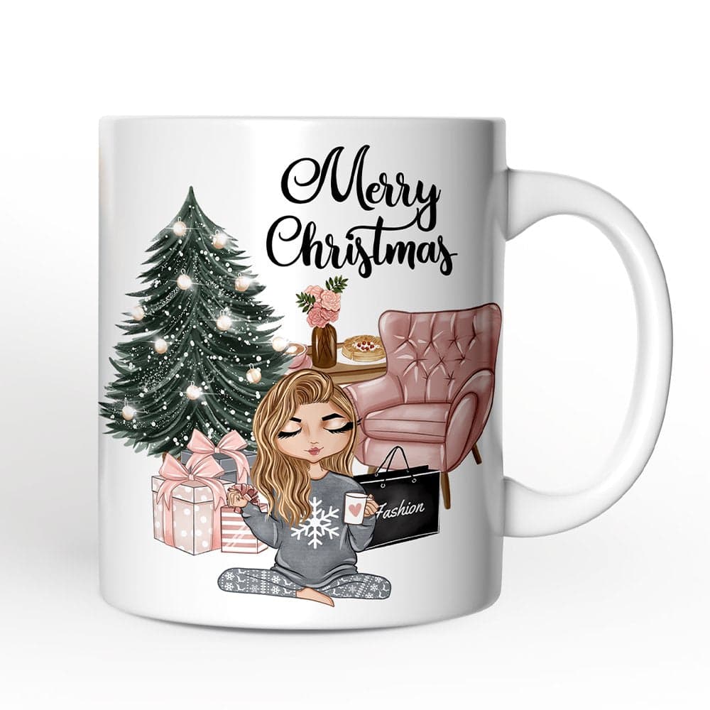 OrnamentallyYou - Dinosaur with Santa Hat Mug, Winter Forest Christmas Gift - White