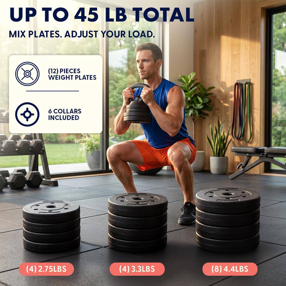 UP TO 45 LB TOTAL MIX PLATES. ADJUST YOUR LOAD.

(12) PIECES WEIGHT PLATES
6 COLLARS INCLUDED
(4) 2.75LBS
(4) 3.3LBS
(8) 4.4LBS