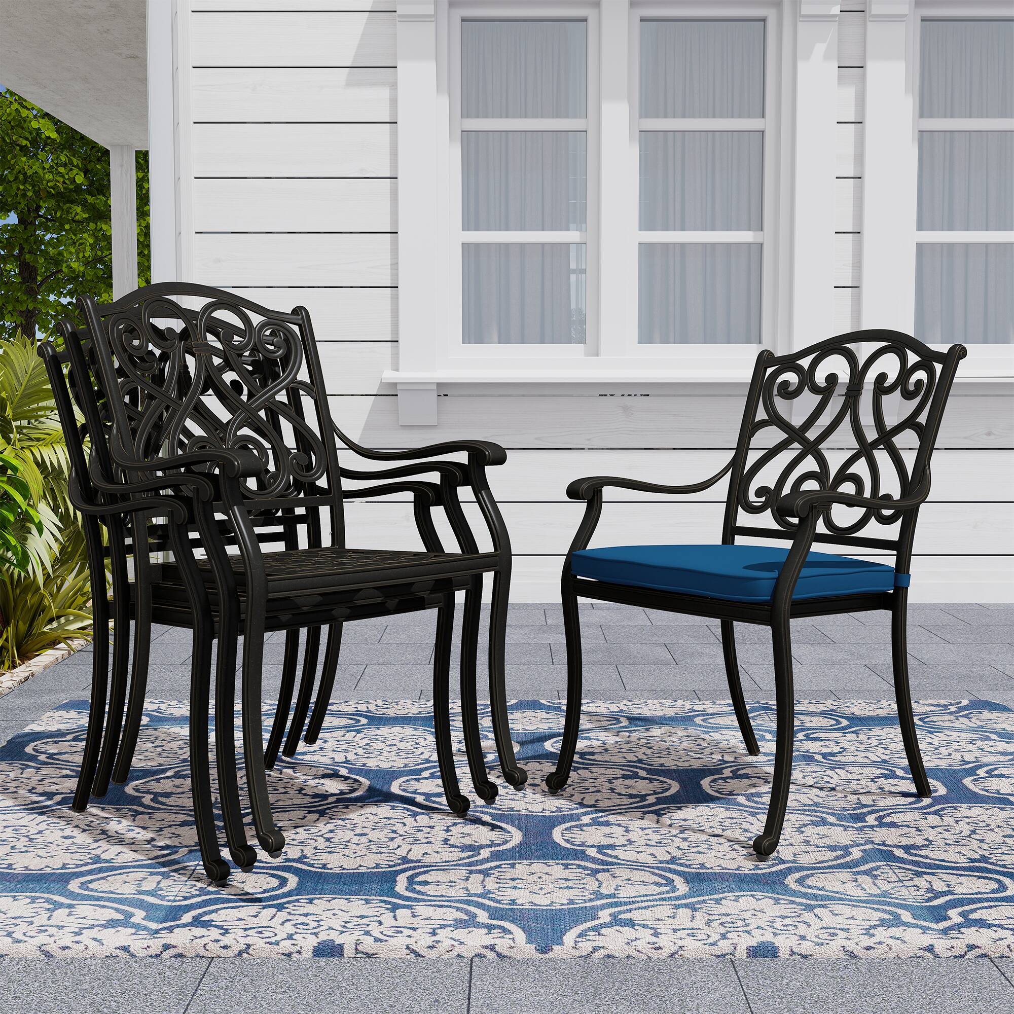 Alt View 2. Mondawe - 4 Piece Cast Aluminum Outdoor Dining Armchair with Cushion - Black+Blue.
