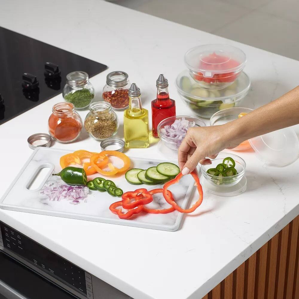 Back. Elle Decor - 9" x 14" Kitchen Cutting Board -Marble Designed Plastic, Nonslip, Easy-Grip Handle, Dishwasher Safe - Marble.