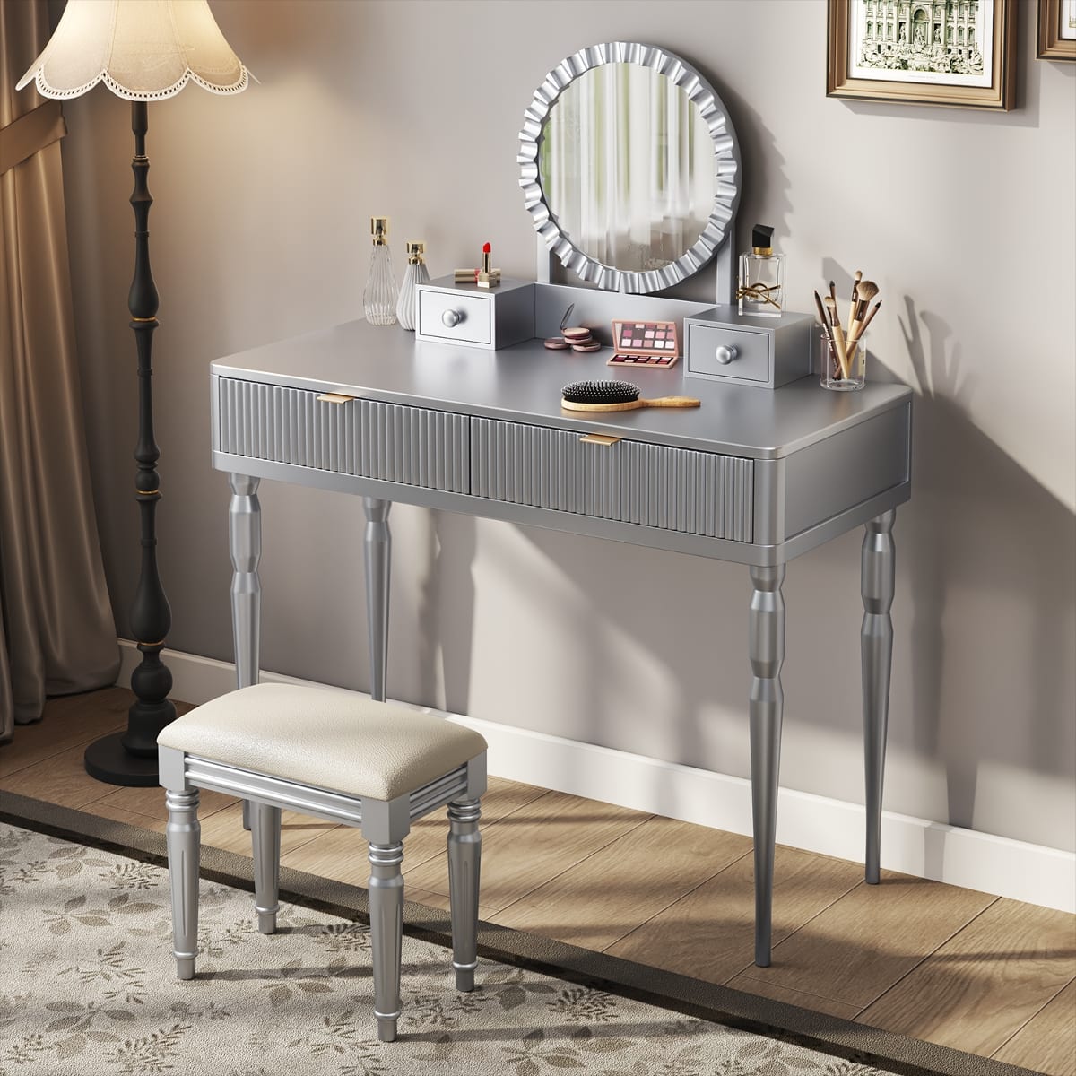 Loheer - Vanity Desk with Round Mirror, Height-Adjustable, Four Drawers and Stool - Silver