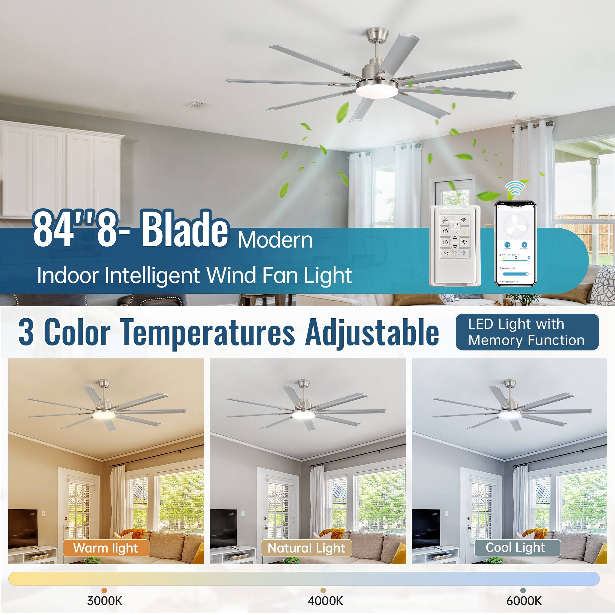 84" 8-Blade Modern Indoor Intelligent Wind Fan Light

3 Color Temperatures Adjustable

LED Light with Memory Function

Warm light 3000K

Natural Light 4000K

Cool Light 6000K