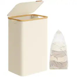 Songmics Home - Laundry Hamper with Lid, Large Laundry Basket, 23.8 Gallons (90L), Removable Mesh Liner, Bamboo Handles, Collapsible - Cream White