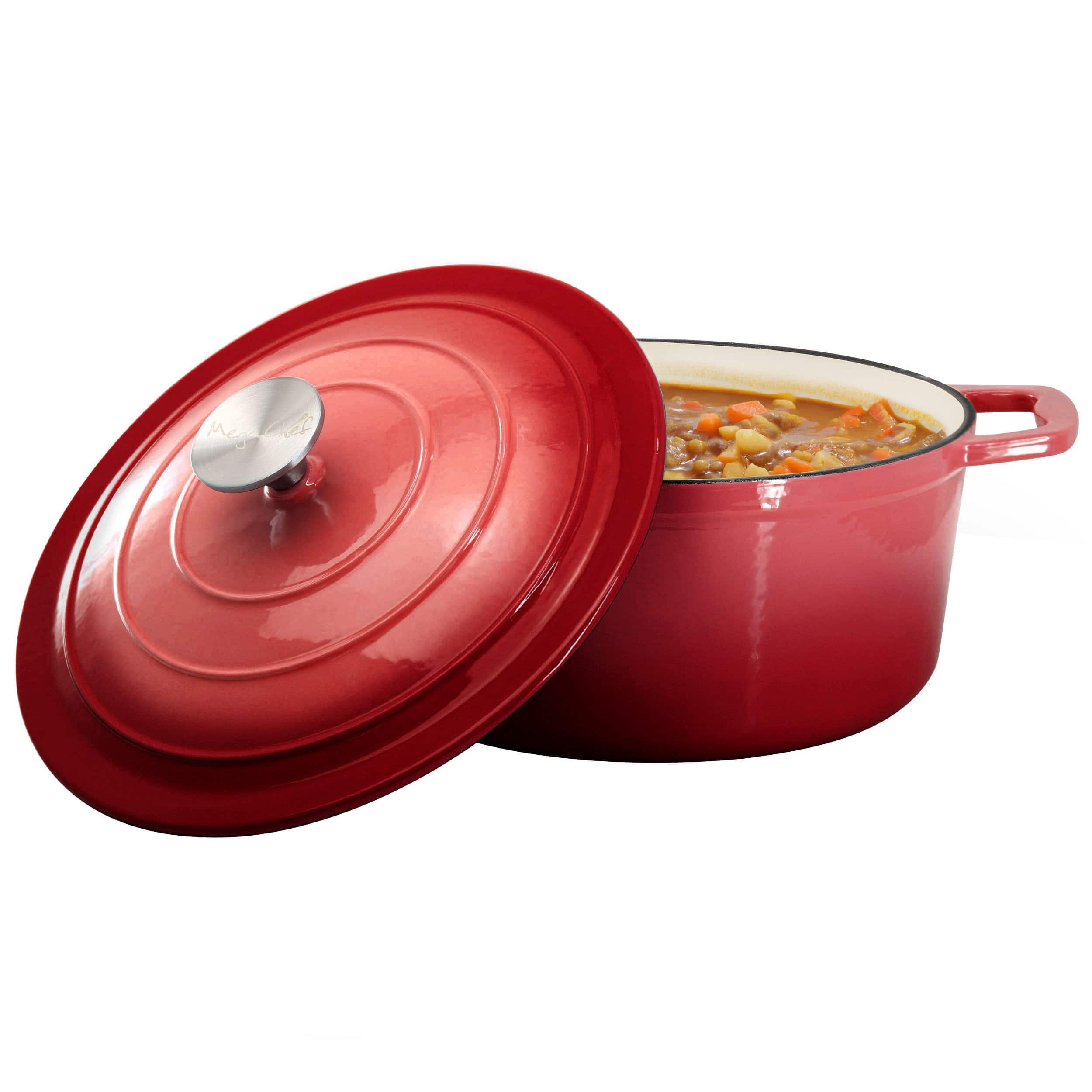 MegaChef - 5 Quarts Round Enameled Cast Iron Casserole with Lid - Red