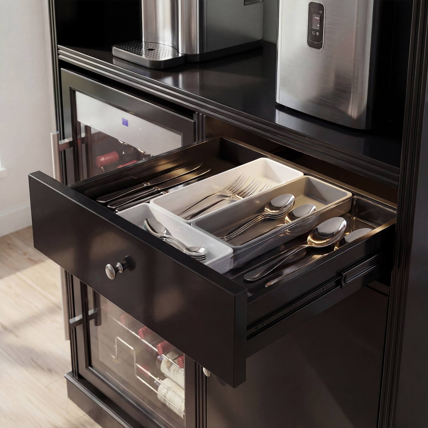 Alt View 6. Famapy - Bar Cabinet with 85L Wine Fridge, Holds 34 Bottles, Freestanding Liquor Cabinet with Glass Rack, Drawer & Storage - Black.