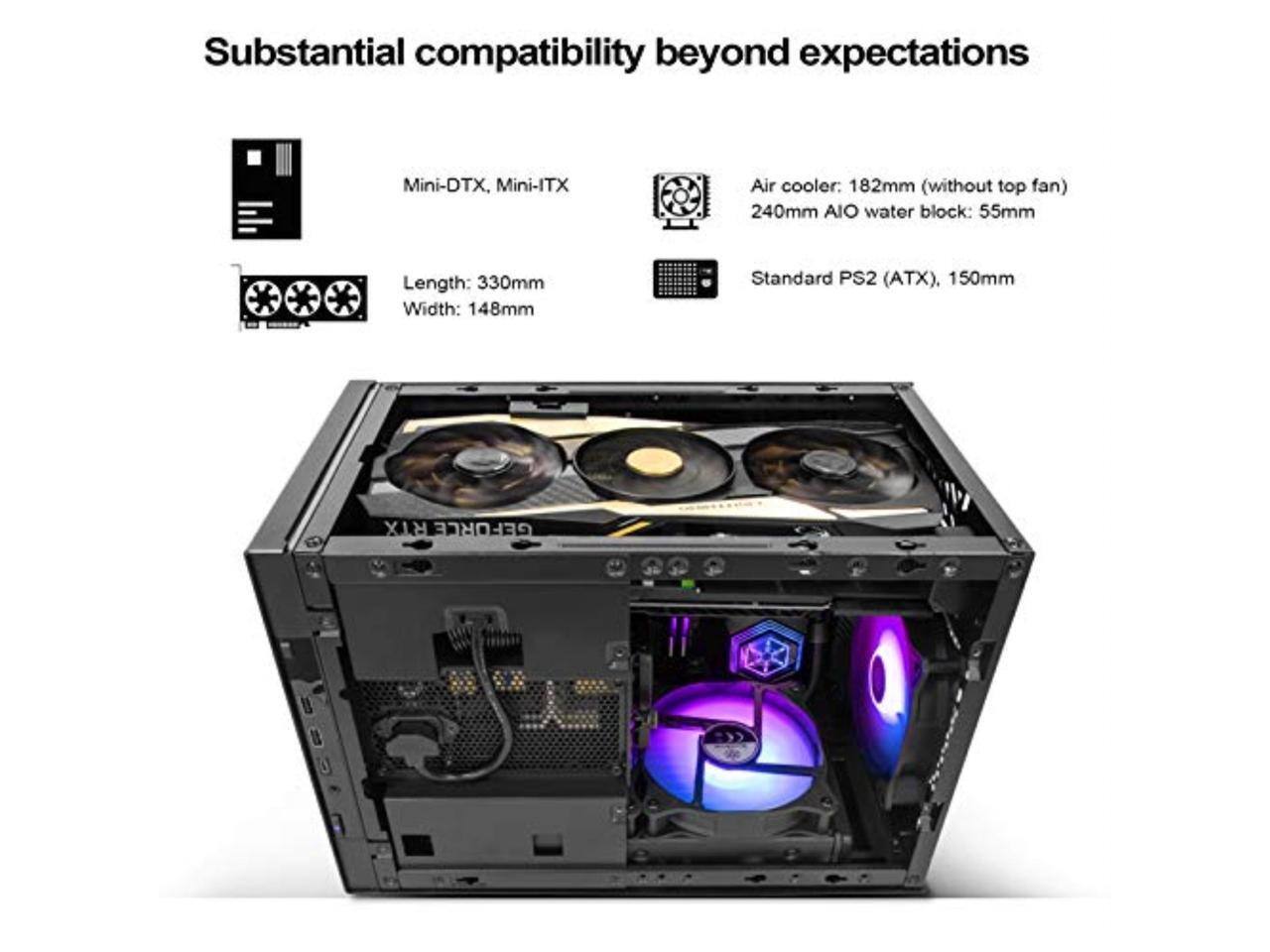 Substantial compatibility beyond expectations

Mini-DTX, Mini-ITX  
Length: 330mm  
Width: 148mm  

Air cooler: 182mm (without top fan)  
240mm AIO water block: 55mm  

Standard PS2 (ATX), 150mm RTX GEFORCE