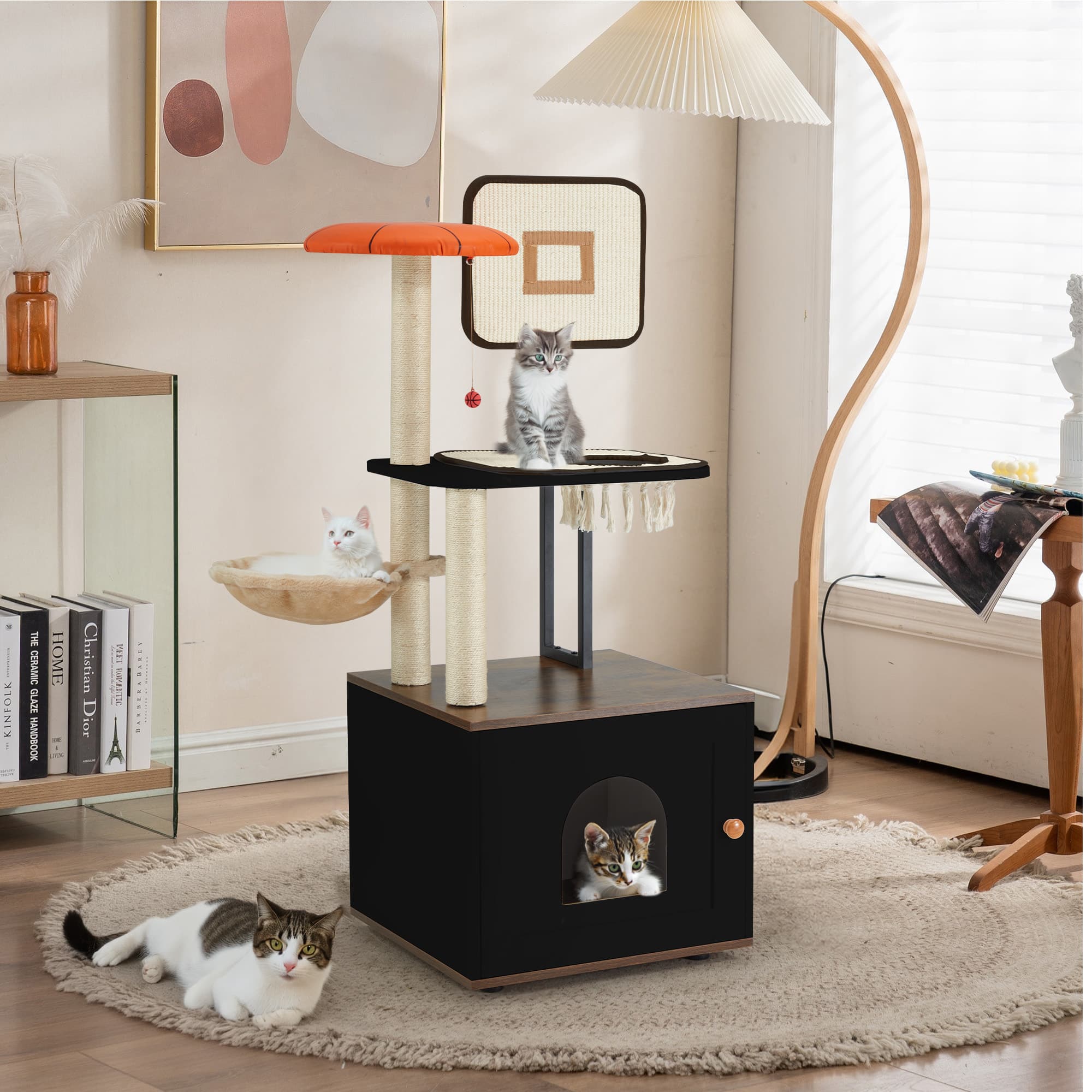 U-HOMY - 2-in-1 Cat Tree with Hidden Litter Box, Scratching Posts & Observation Platform for Indoor Cats - Black