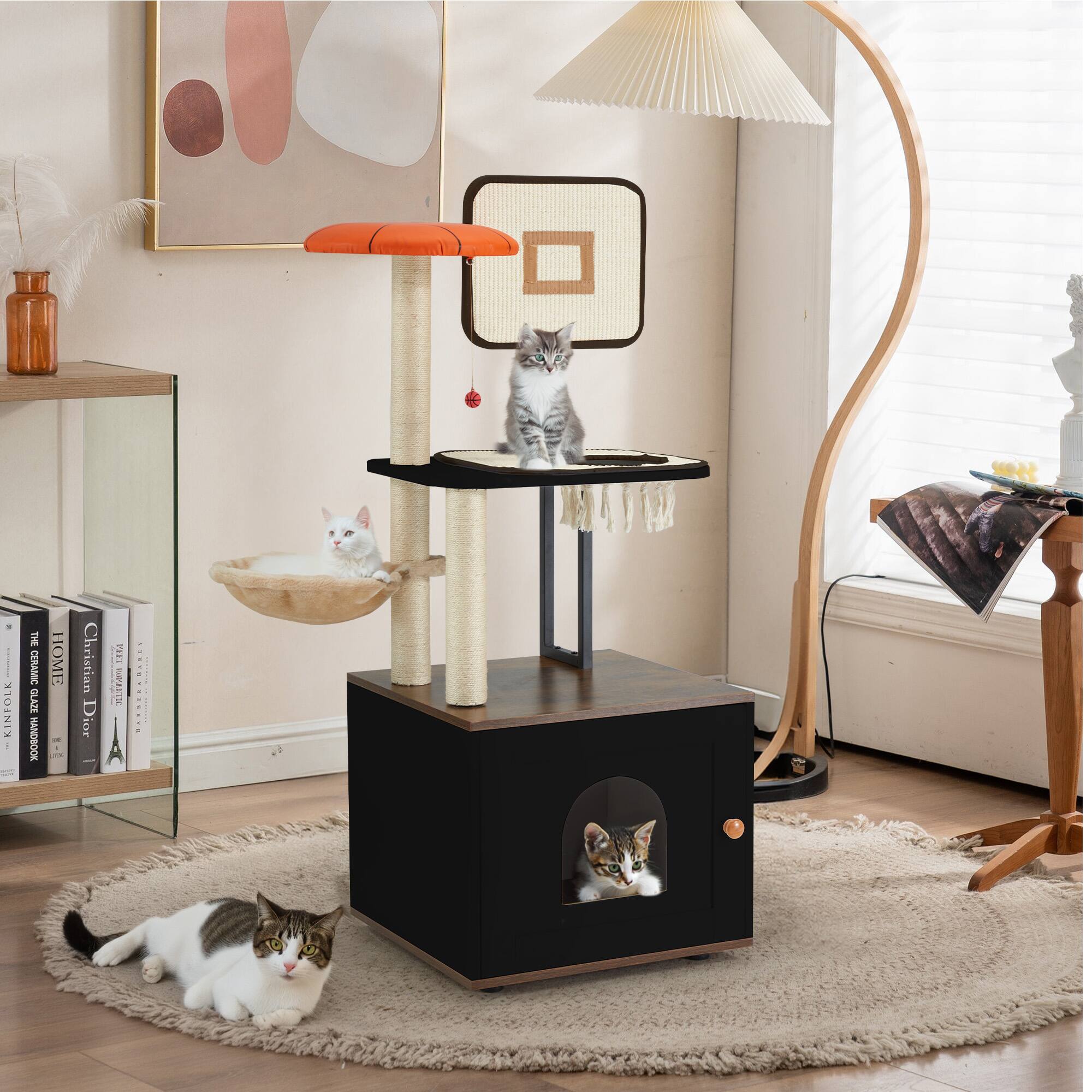 U-HOMY - 2-in-1 Cat Tree with Hidden Litter Box, Scratching Posts & Observation Platform for Indoor Cats - Black