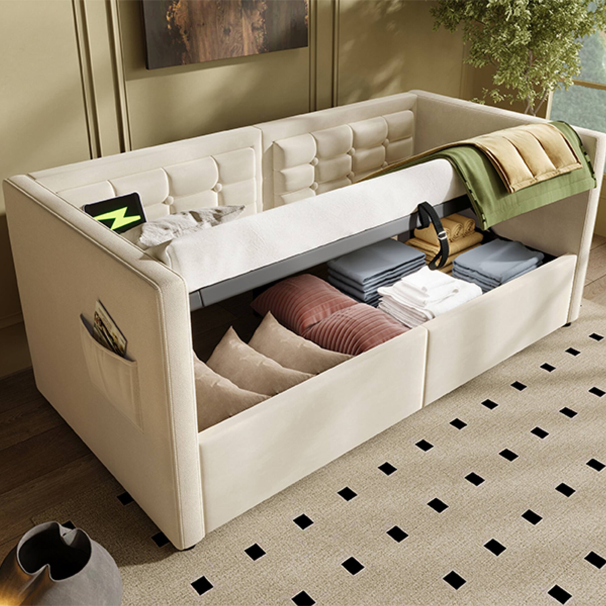 Alt View 8. GOODSILO - Upholstered Twin Size Daybed with Hydraulic Storage and USB Charging, Tufted Sofa Back Design - Beige.