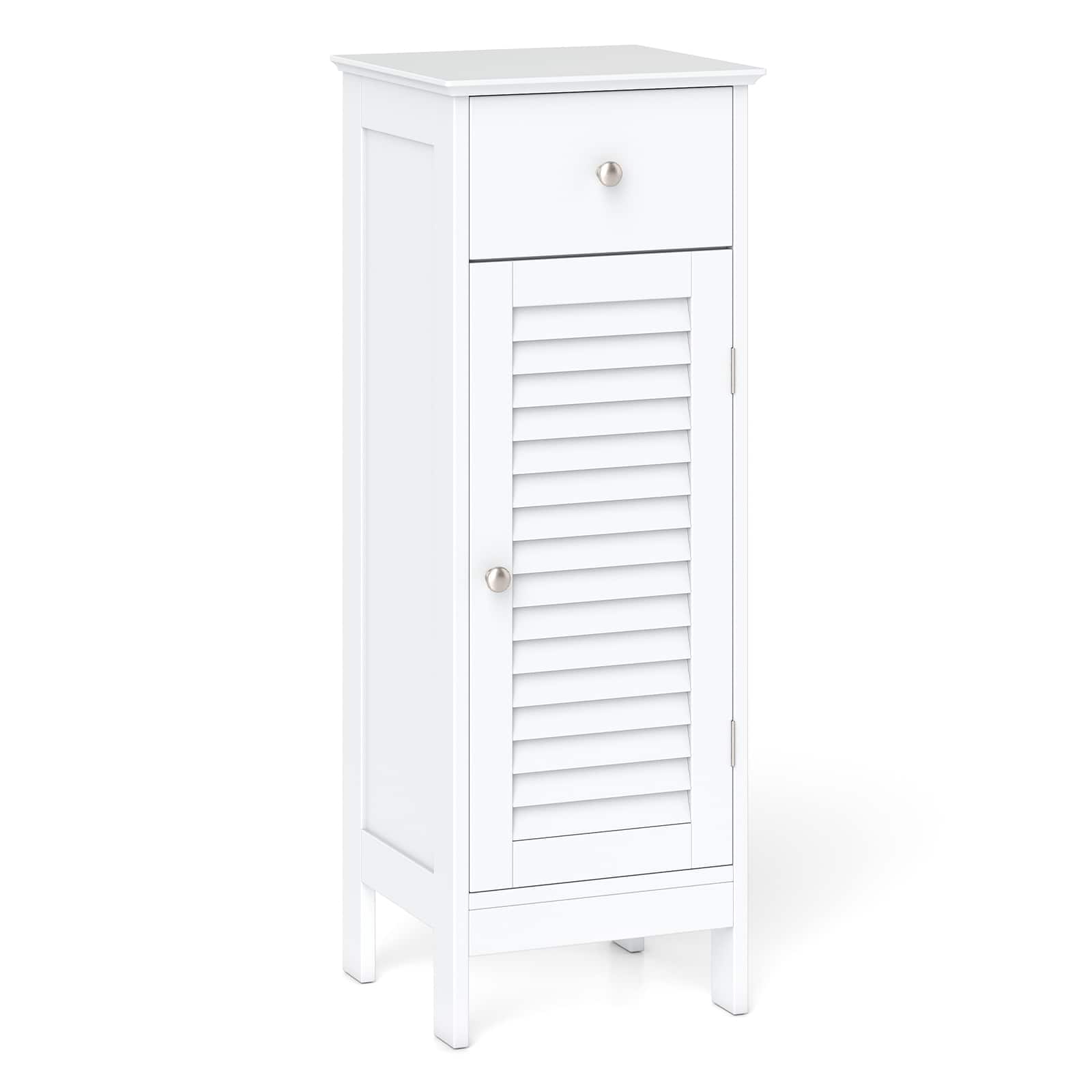 Gymax - Small Bathroom Storage Cabinet Narrow Floor Cabinet w/ Adjustable Shelf Drawer Single Louvered Door - White