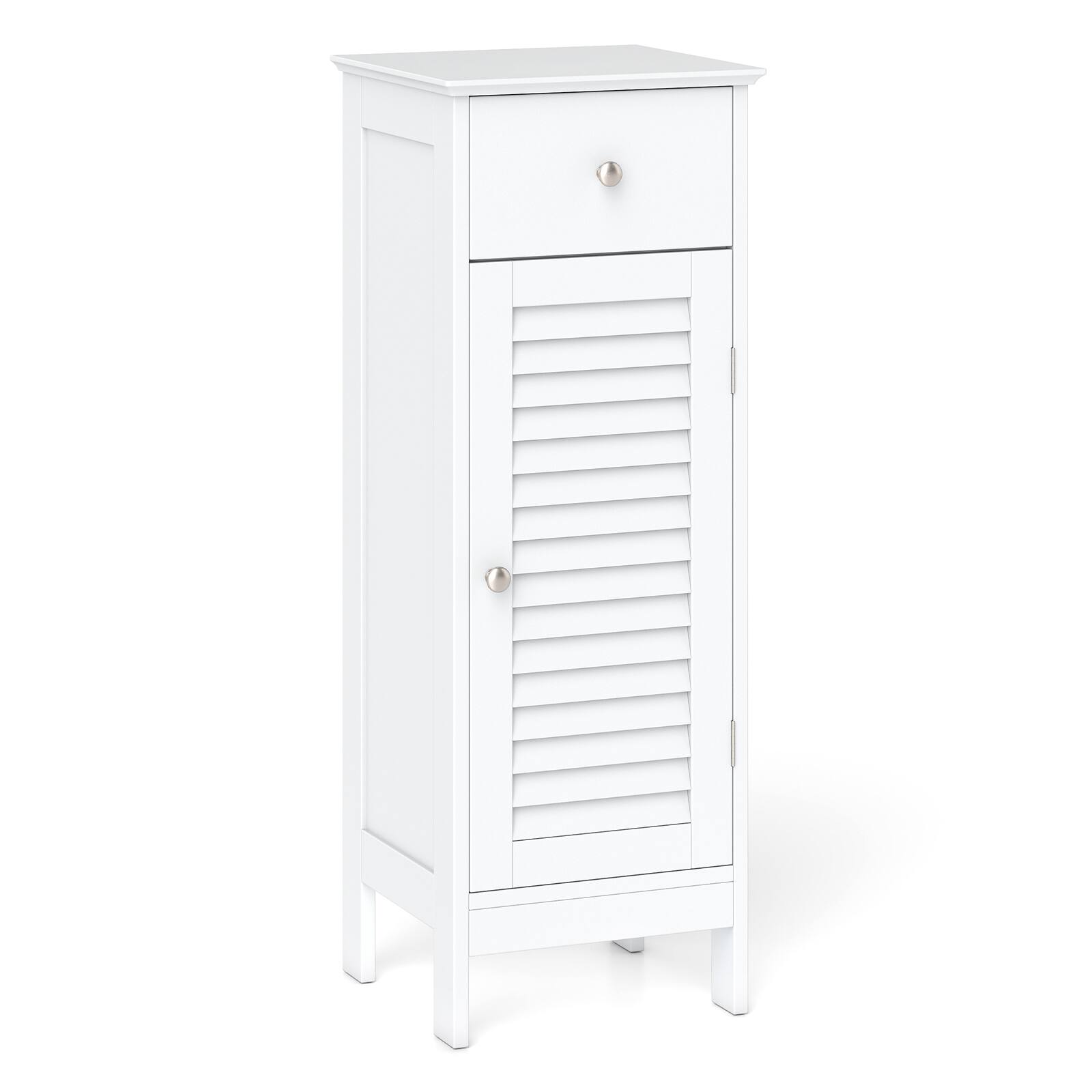Front. Gymax - Gymax Small Bathroom Storage Cabinet Narrow Floor Cabinet w/ Adjustable Shelf Drawer Single Louvered Door - White.