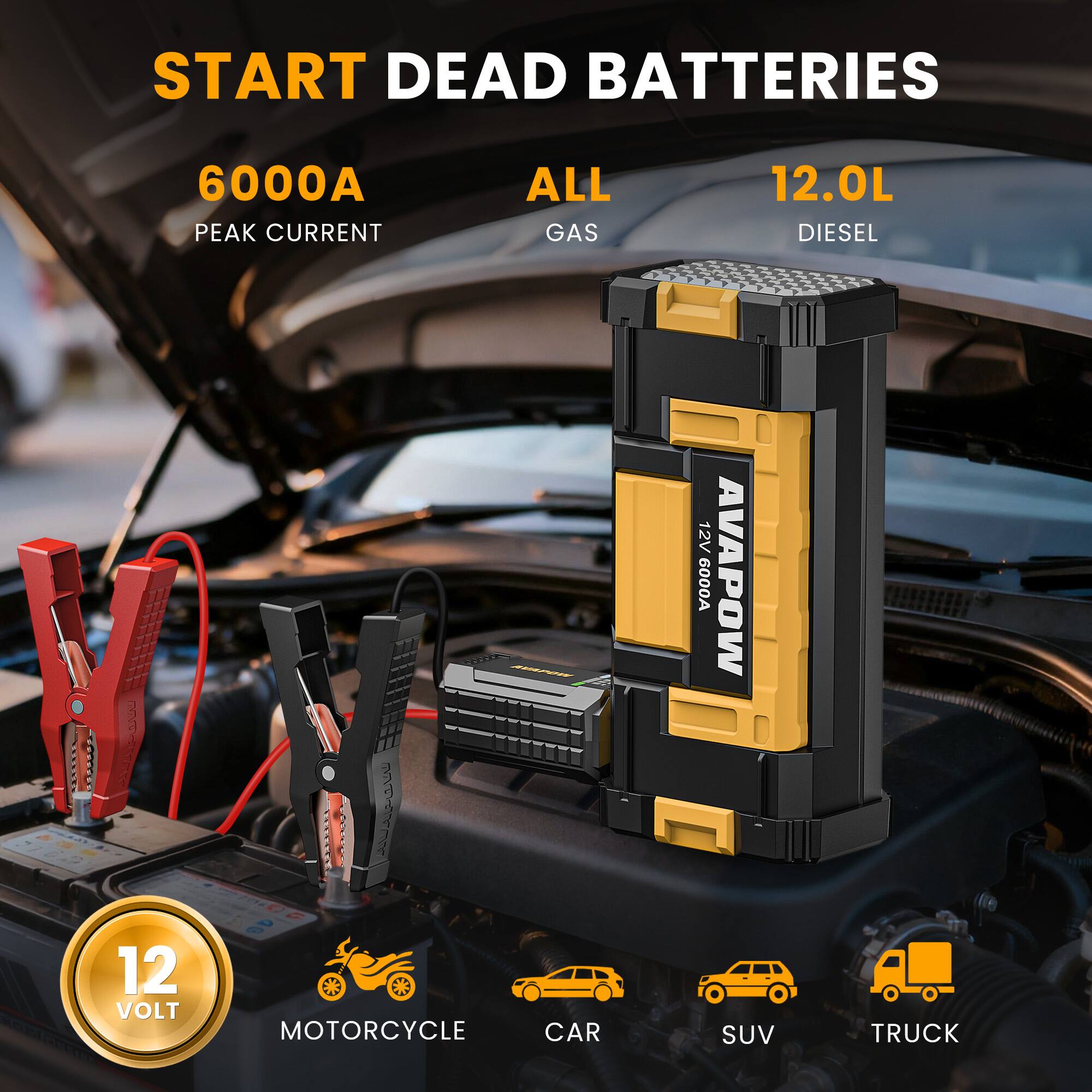 START DEAD BATTERIES  
6000A PEAK CURRENT  
ALL GAS  
12.0L DIESEL  
12V  
AVAPOW  
MOTORCYCLE  
CAR  
SUV  
TRUCK