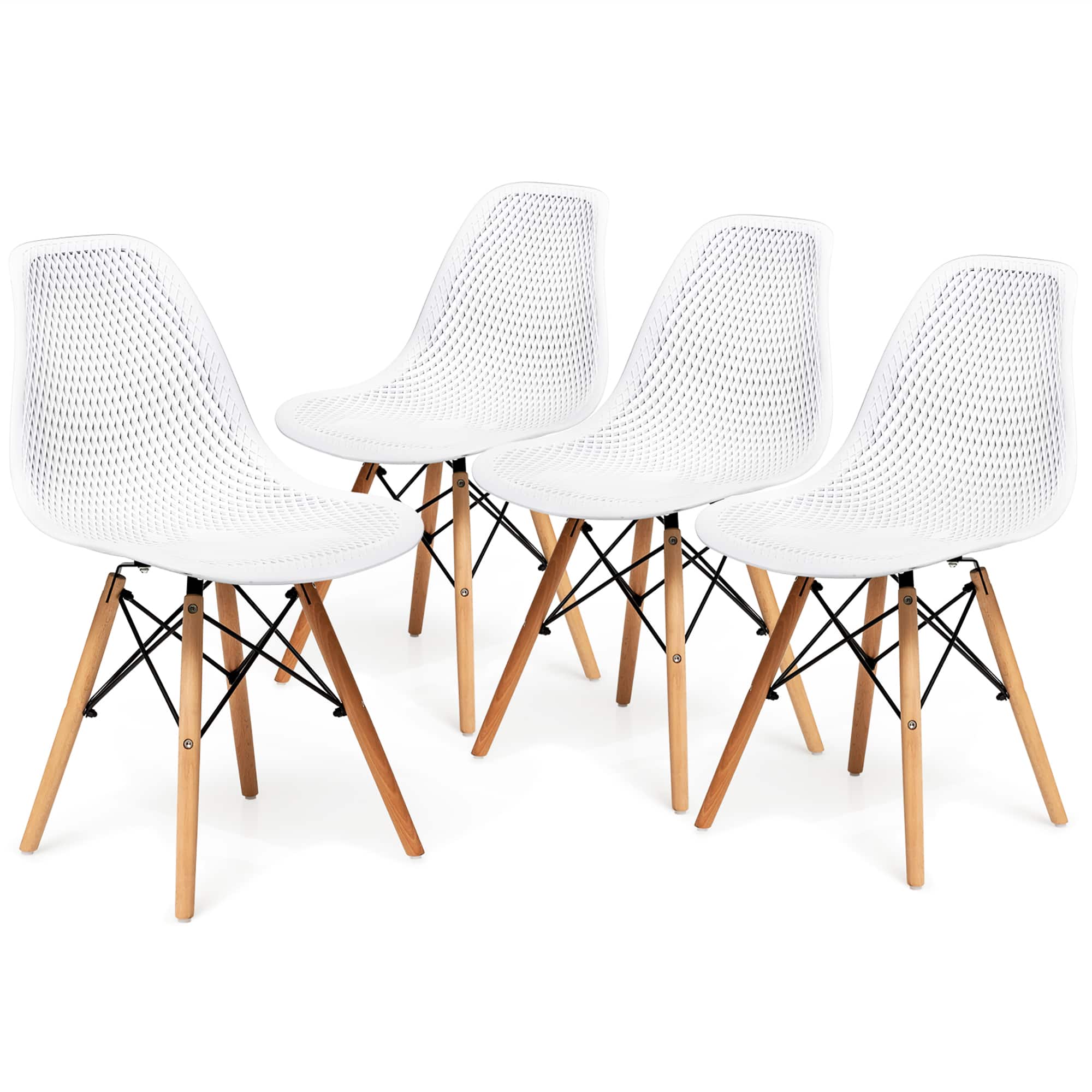 Costway - Set of 4 Plastic Hollow Out Chair Mid Century Modern Wood-Leg Seat - White